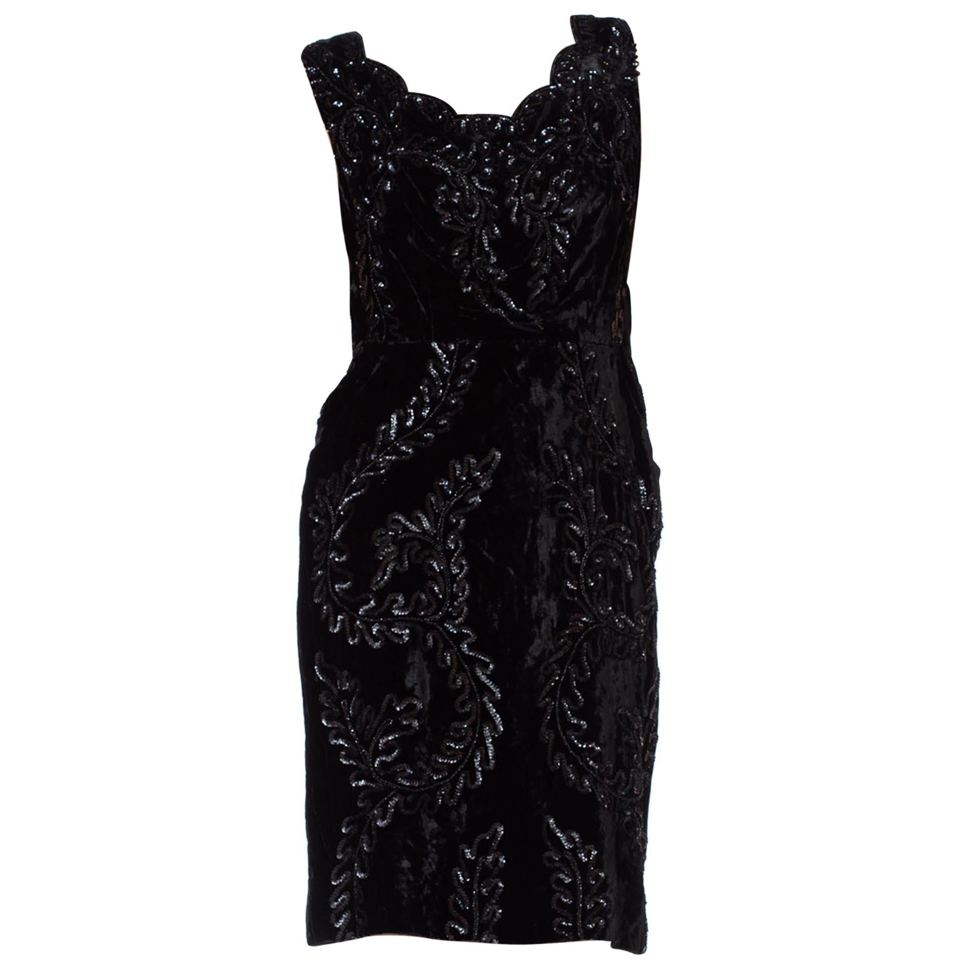 1950S Black Rayon Blend Velvet Sequin Beaded Cocktail Dress For Sale