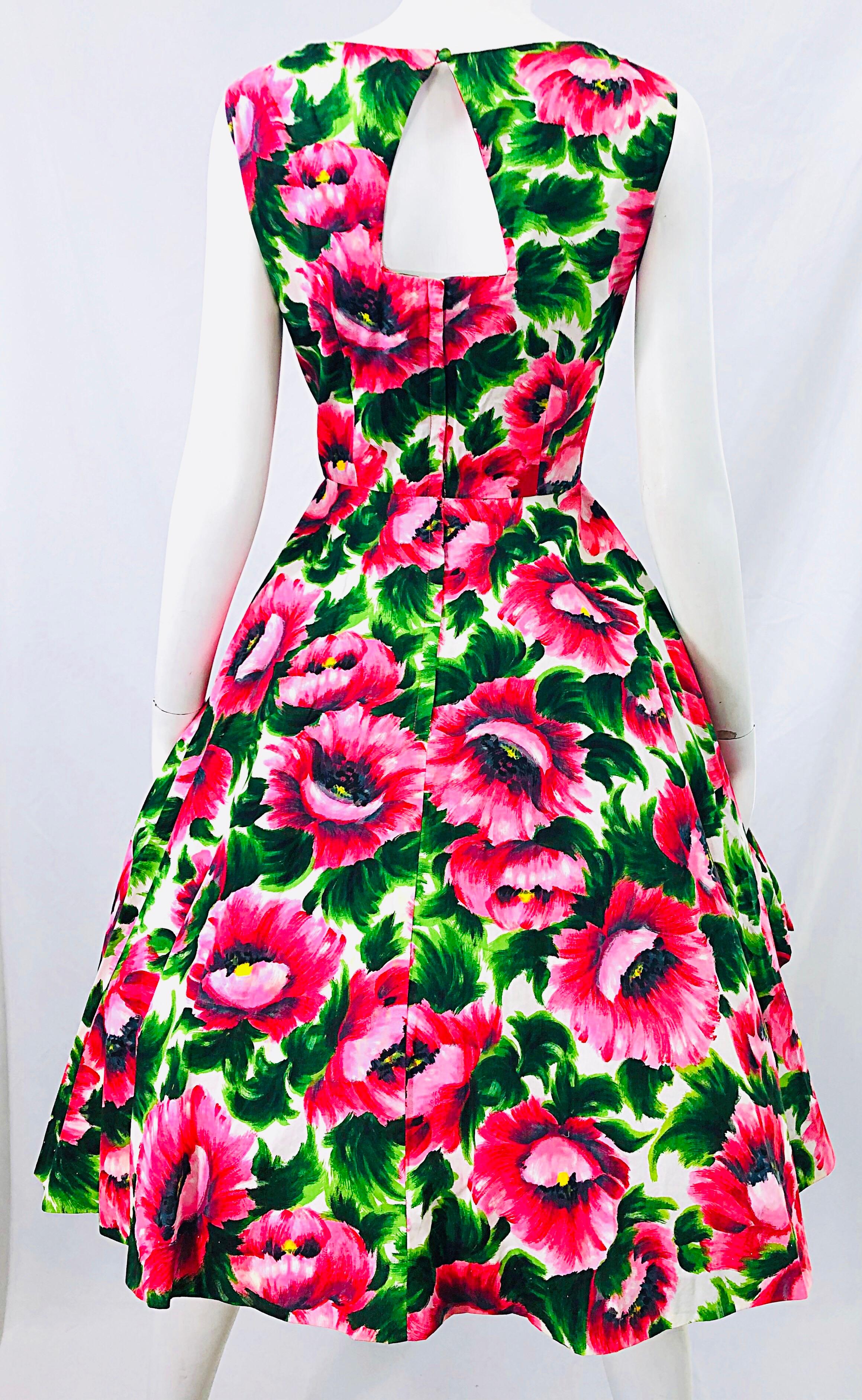 1950s Serbin of Florida Pink Green Peony Flower Print Fit n' Flare Vintage Dress 2