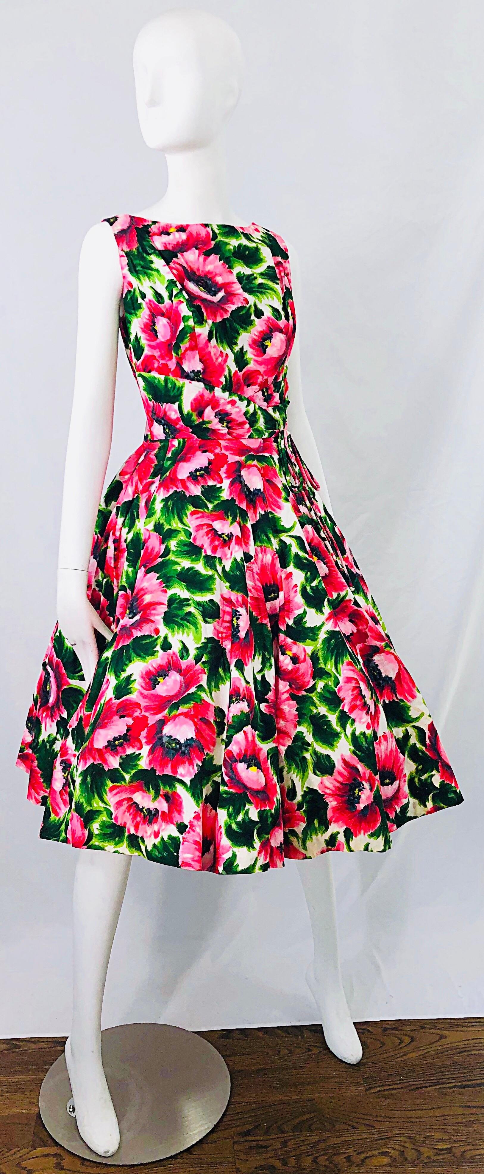 1950s Serbin of Florida Pink Green Peony Flower Print Fit n' Flare Vintage Dress 3