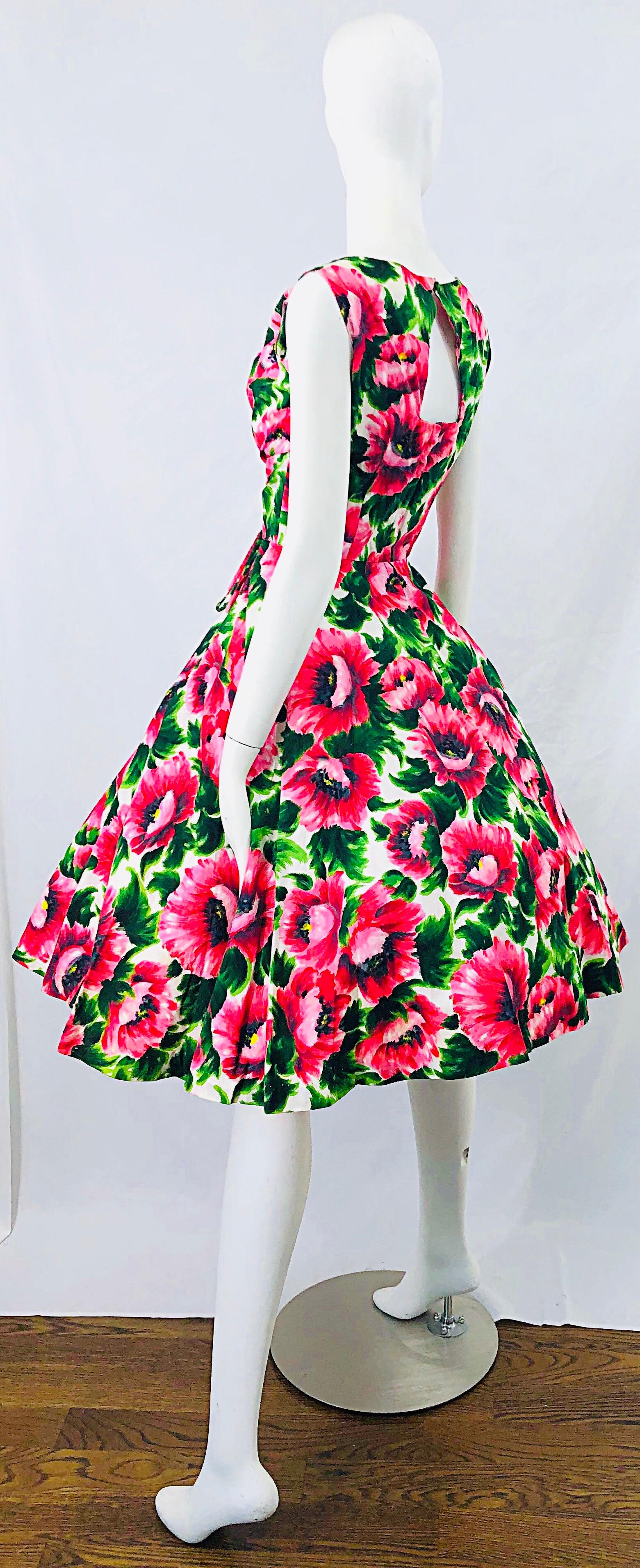 1950s Serbin of Florida Pink Green Peony Flower Print Fit n' Flare Vintage Dress 4