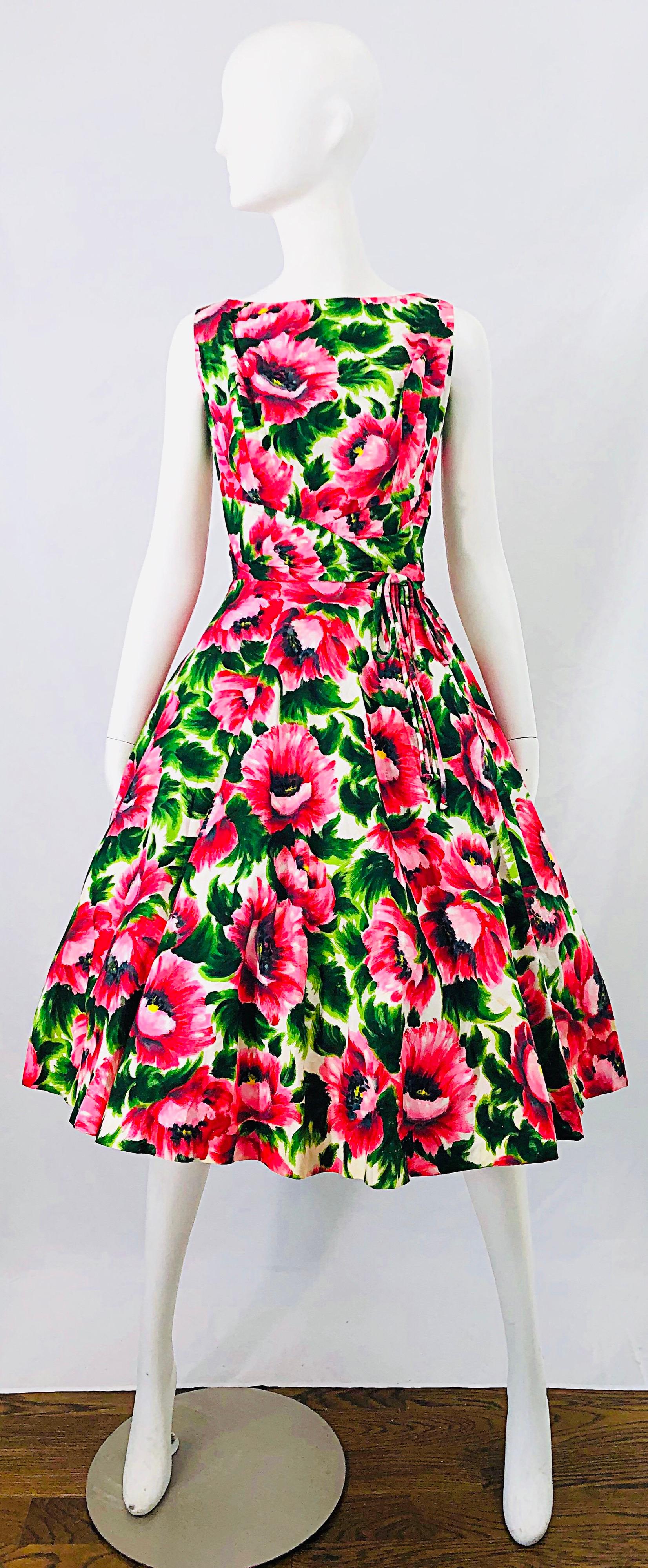 1950s Serbin of Florida Pink Green Peony Flower Print Fit n' Flare Vintage Dress 5