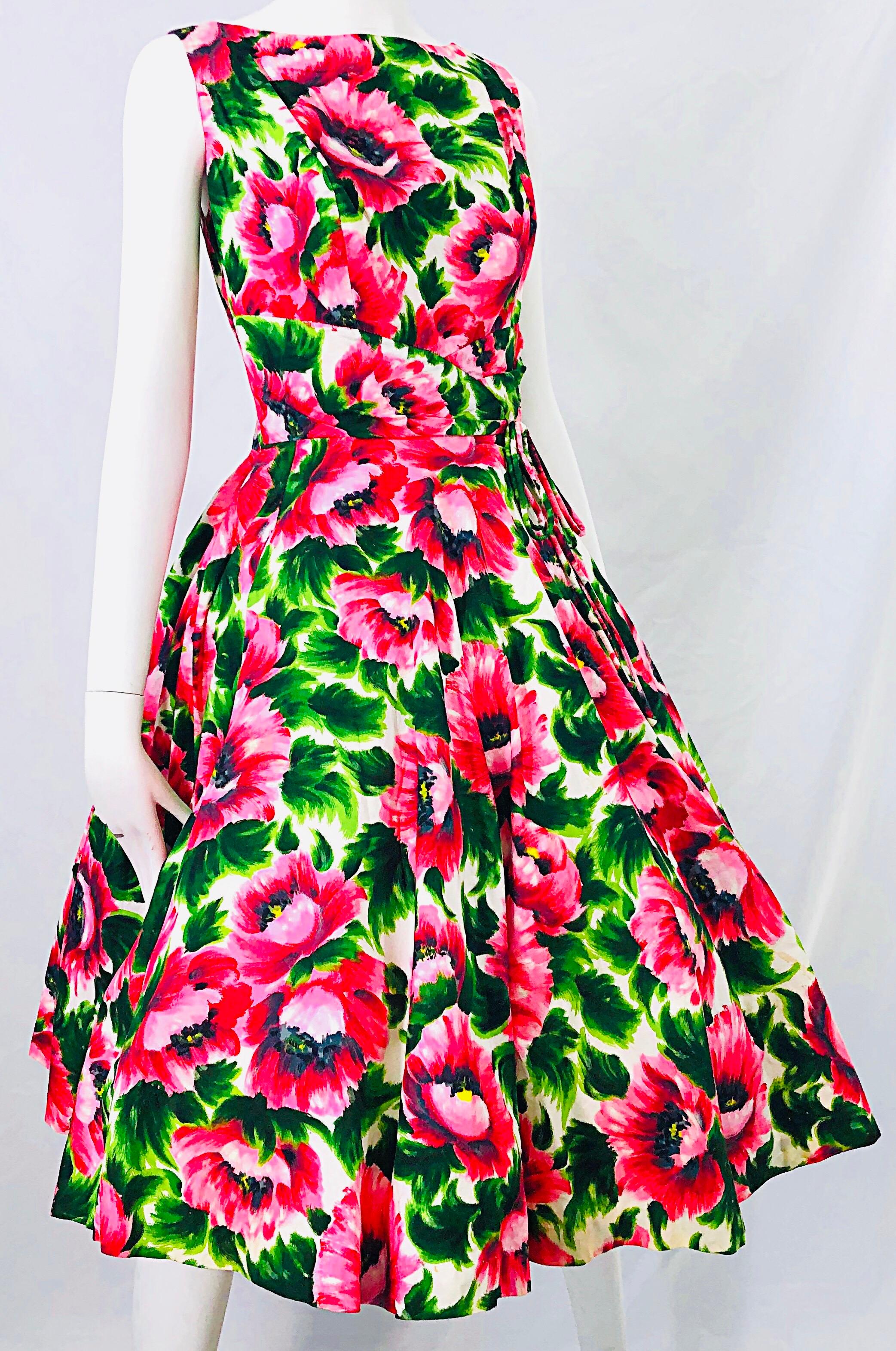 Beige 1950s Serbin of Florida Pink Green Peony Flower Print Fit n' Flare Vintage Dress