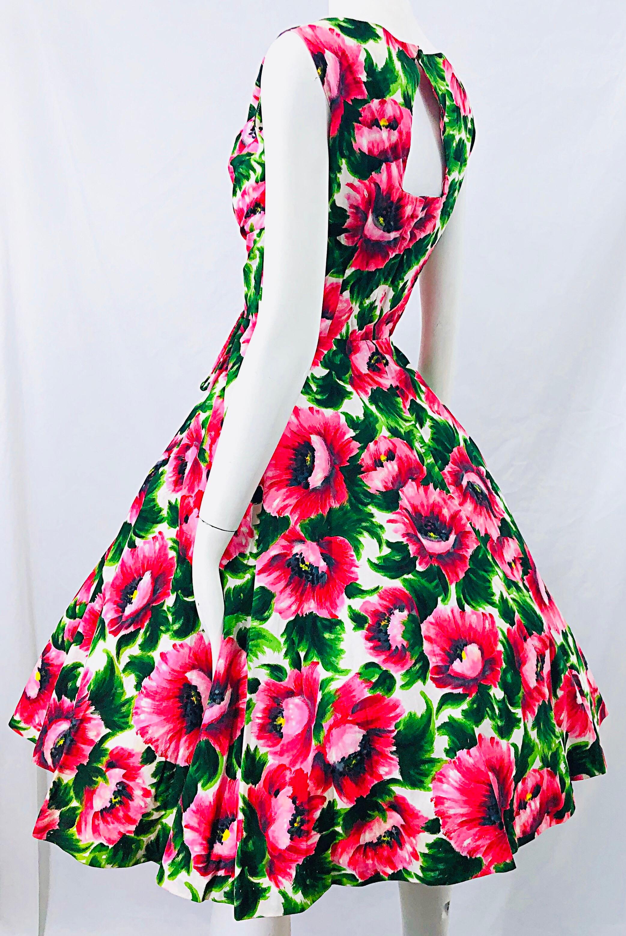 1950s Serbin of Florida Pink Green Peony Flower Print Fit n' Flare Vintage Dress In Excellent Condition In San Diego, CA