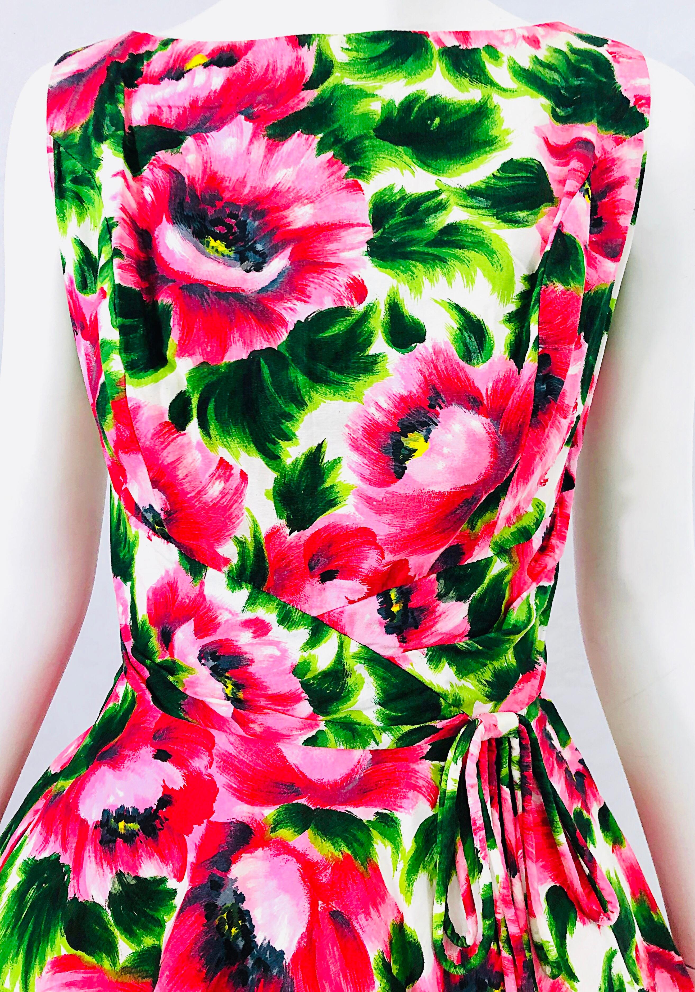Women's 1950s Serbin of Florida Pink Green Peony Flower Print Fit n' Flare Vintage Dress