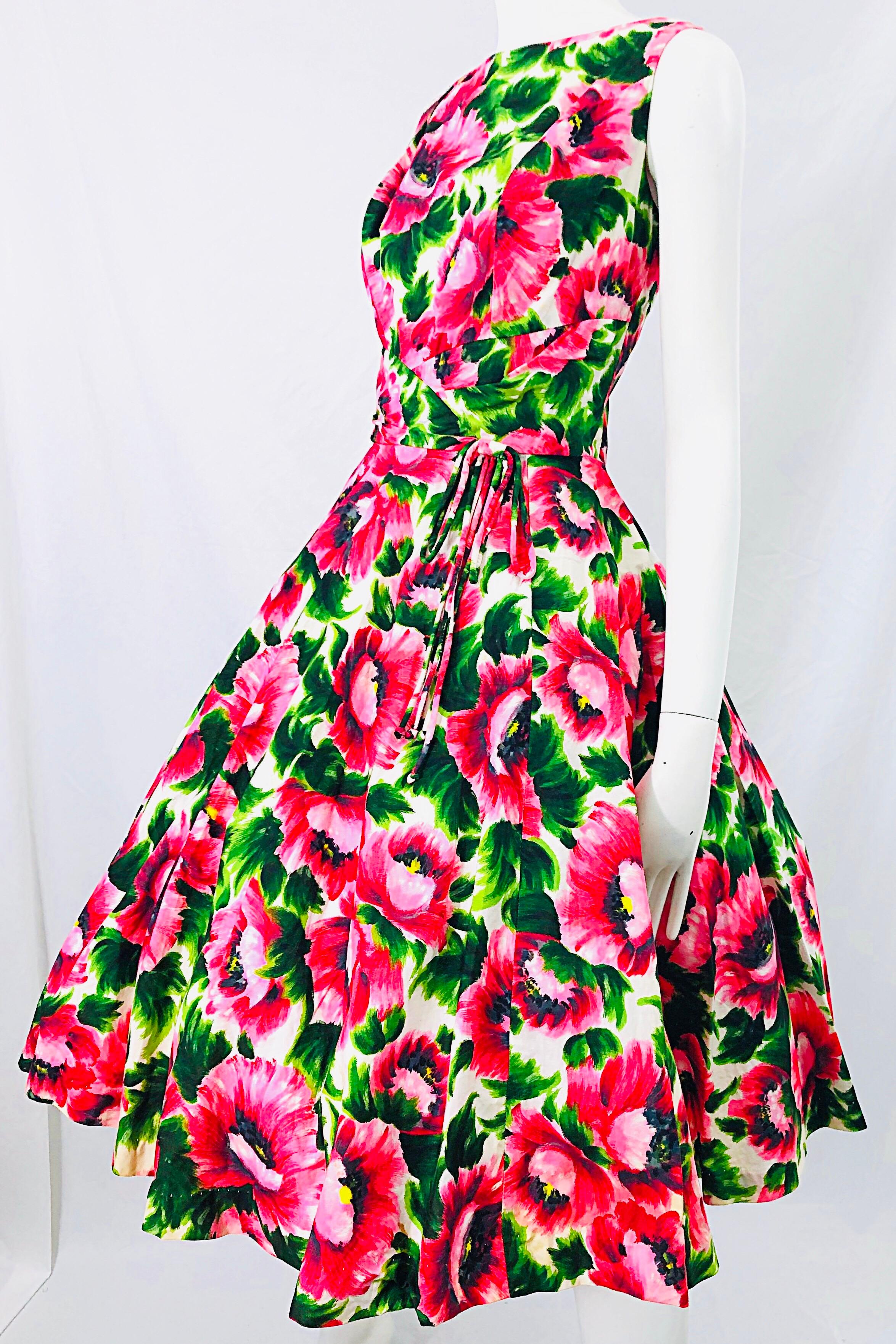 1950s Serbin of Florida Pink Green Peony Flower Print Fit n' Flare Vintage Dress 1
