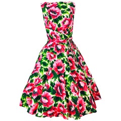 1950s Serbin of Florida Pink Green Peony Flower Print Fit n' Flare Vintage Dress