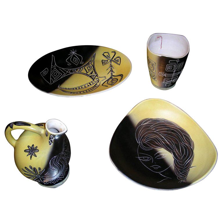 1950s Series of 4 Pieces of Vallauris Ceramic by Hélène Ugo