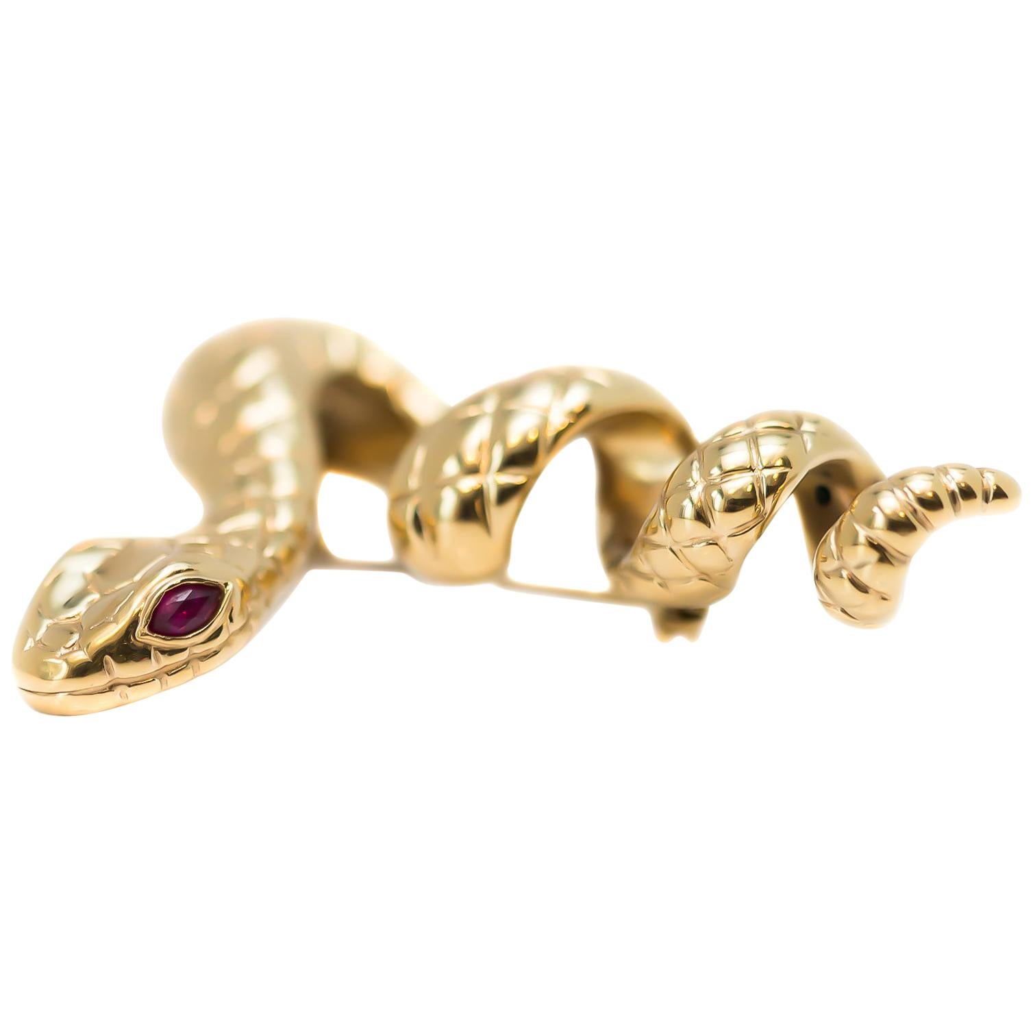 1950s Serpent Pin, Snake Brooch in 14 Karat Yellow Gold with Rubies