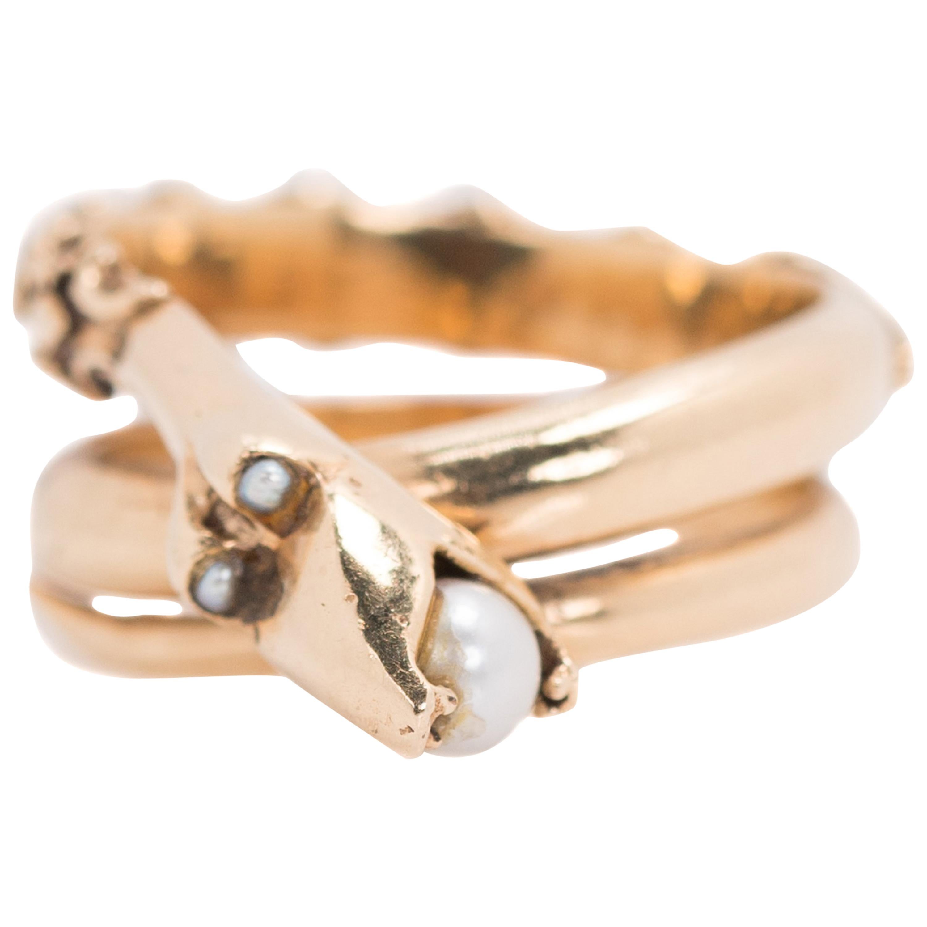 1950s Serpent Ring 14 Karat Yellow Gold with Akoya Pearls For Sale