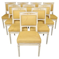 1950's Set 10 Louis XVI French Empire Style Painted Parcel Gilt Dining Chairs