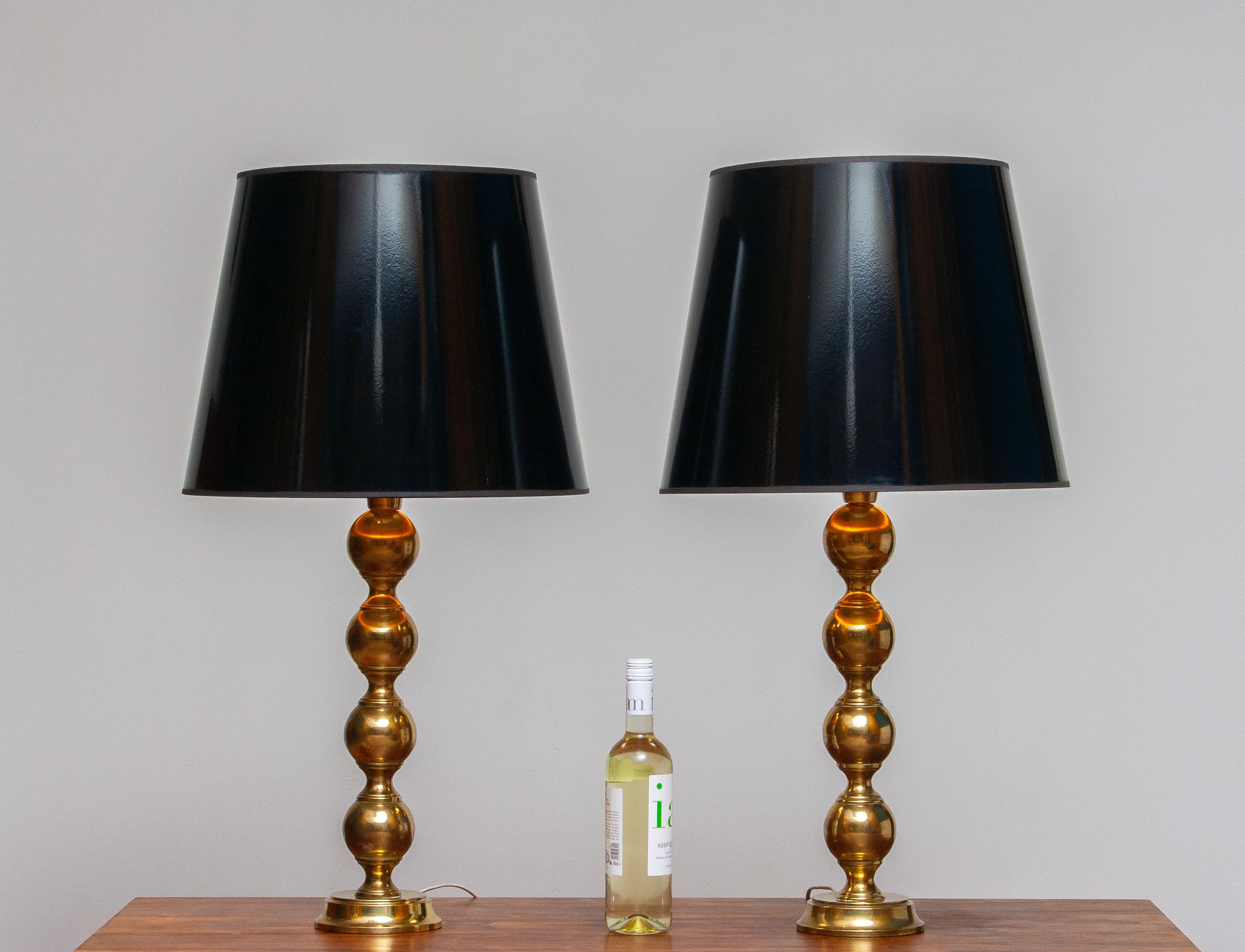 1950s, Set Brass Spherical Extra Large Swedish Table Lamps with Black Shades 5