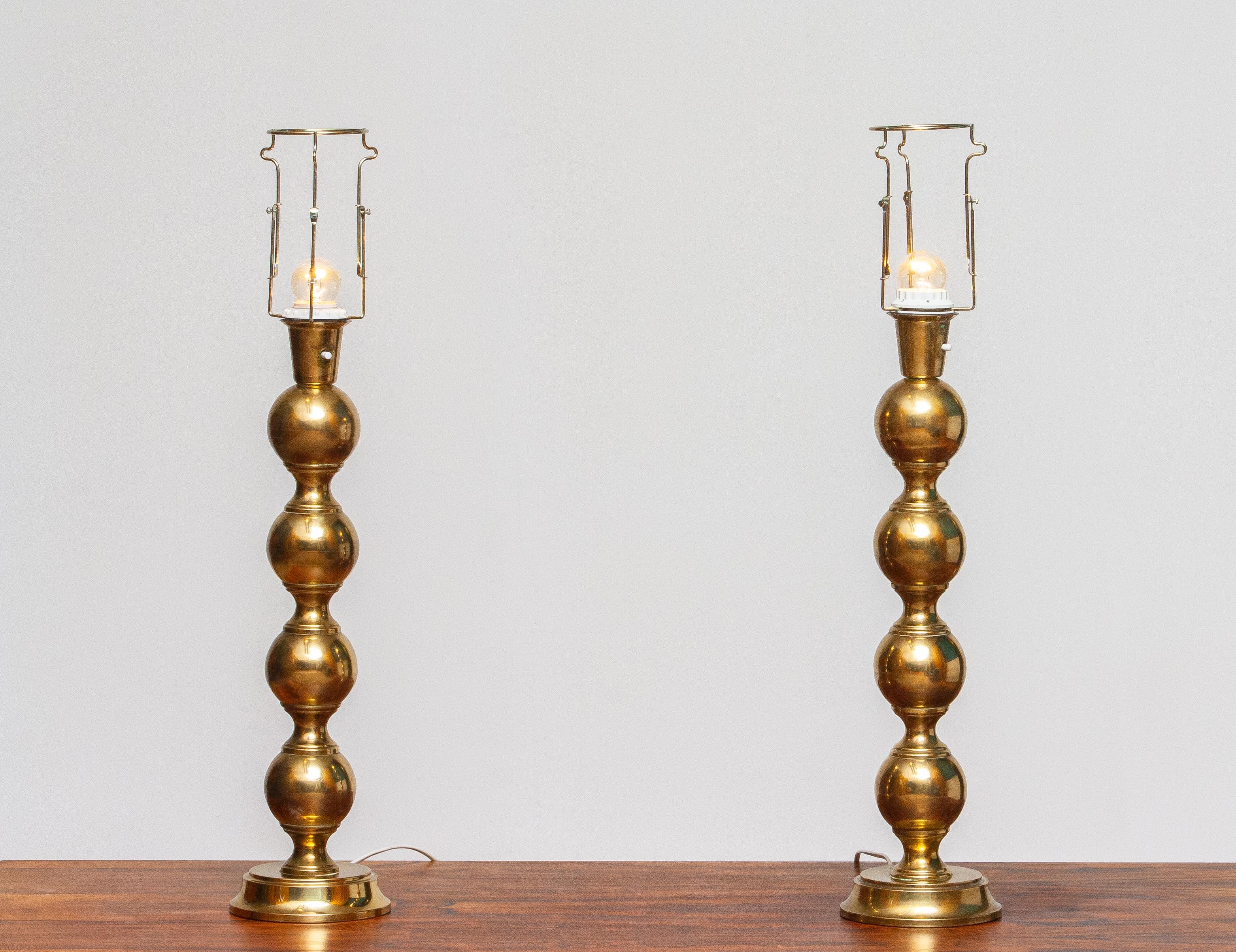 1950s, Set Brass Spherical Extra Large Swedish Table Lamps with Black Shades 6