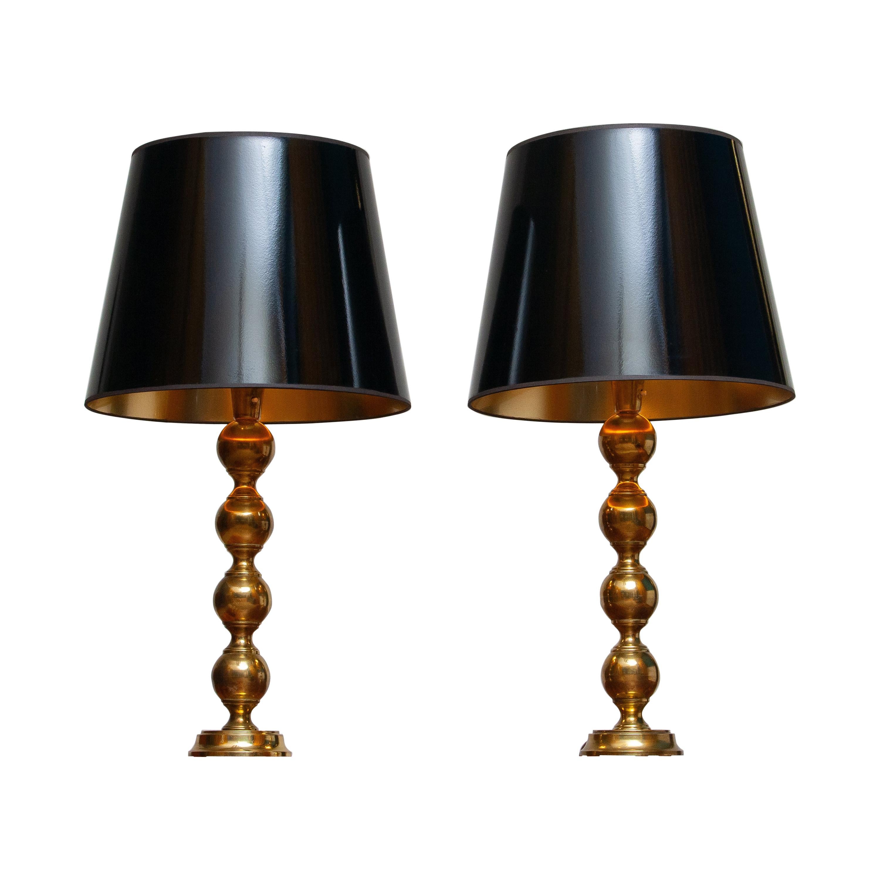 Hollywood Regency 1950s, Set Brass Spherical Extra Large Swedish Table Lamps with Black Shades