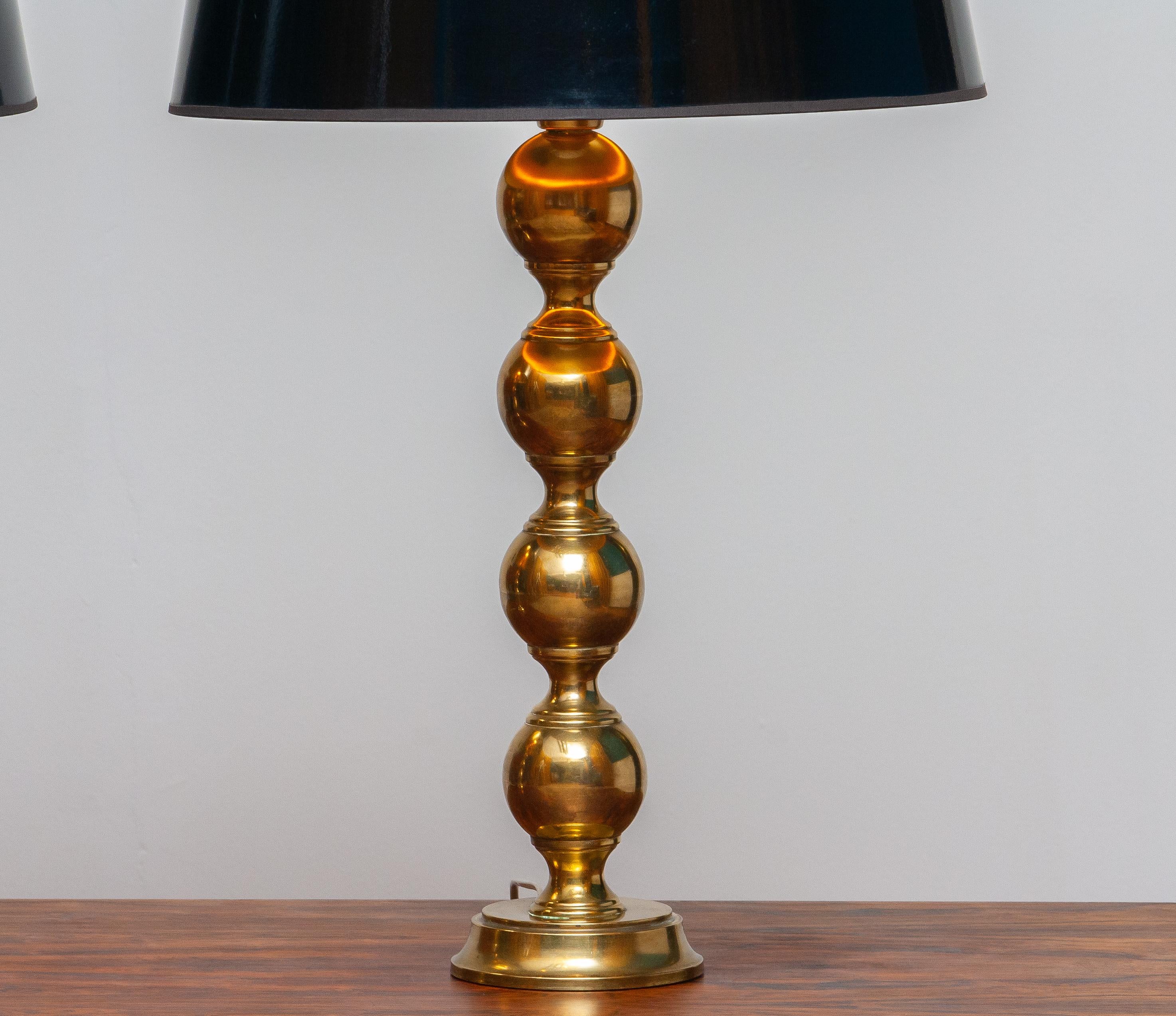 1950s, Set Brass Spherical Extra Large Swedish Table Lamps with Black Shades 1