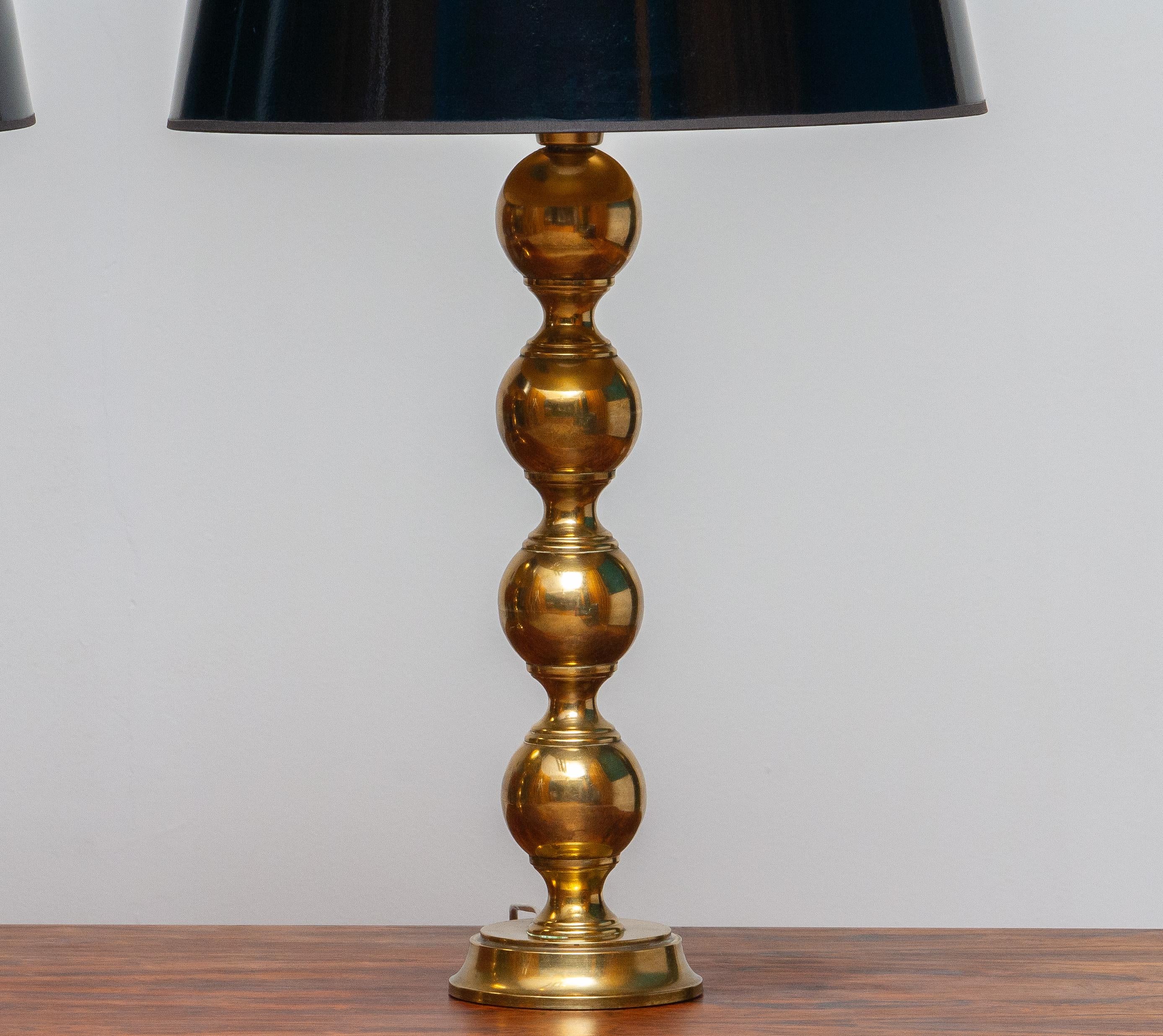 1950s, Set Brass Spherical Extra Large Swedish Table Lamps with Black Shades 2