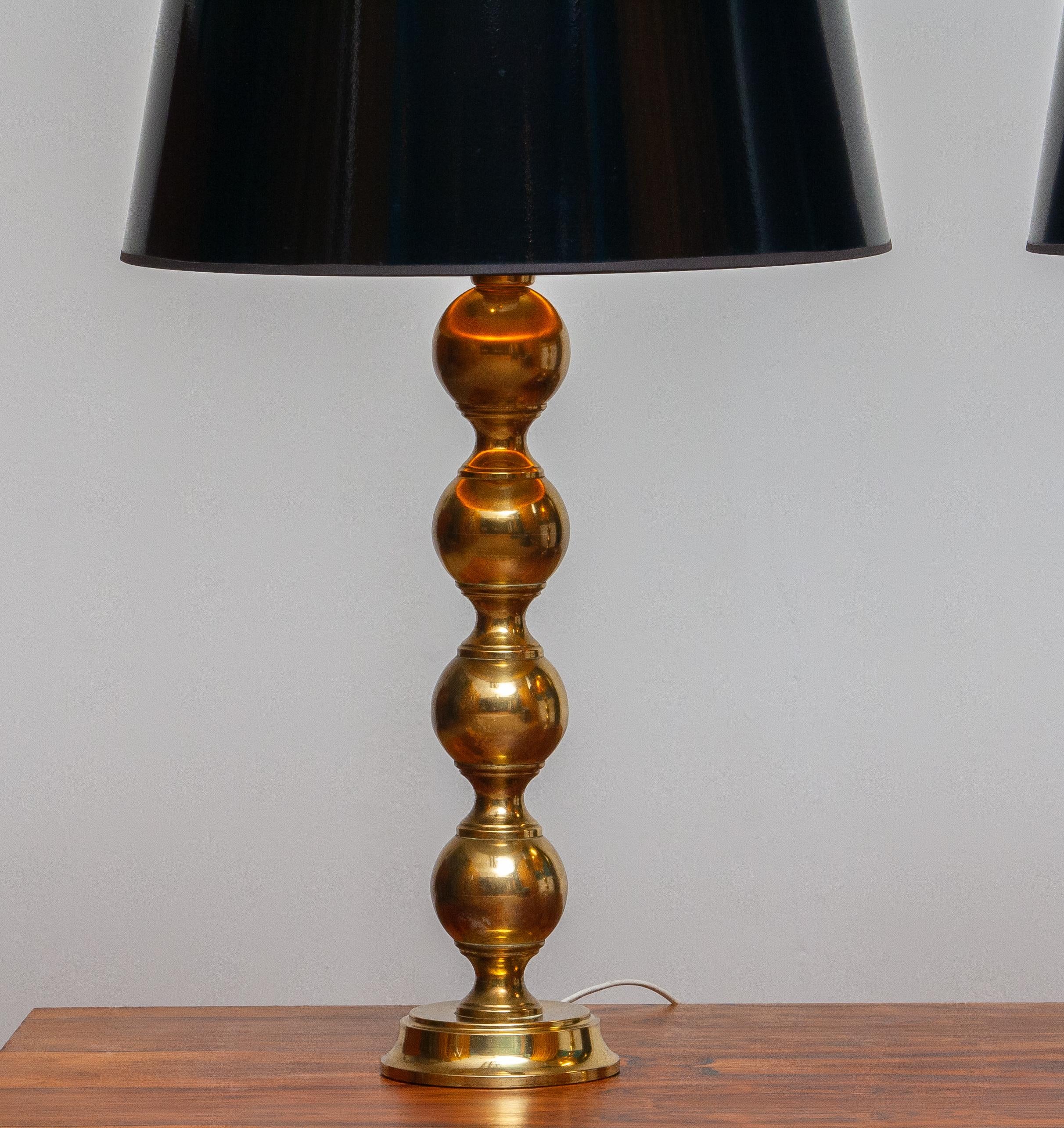 1950s, Set Brass Spherical Extra Large Swedish Table Lamps with Black Shades 3