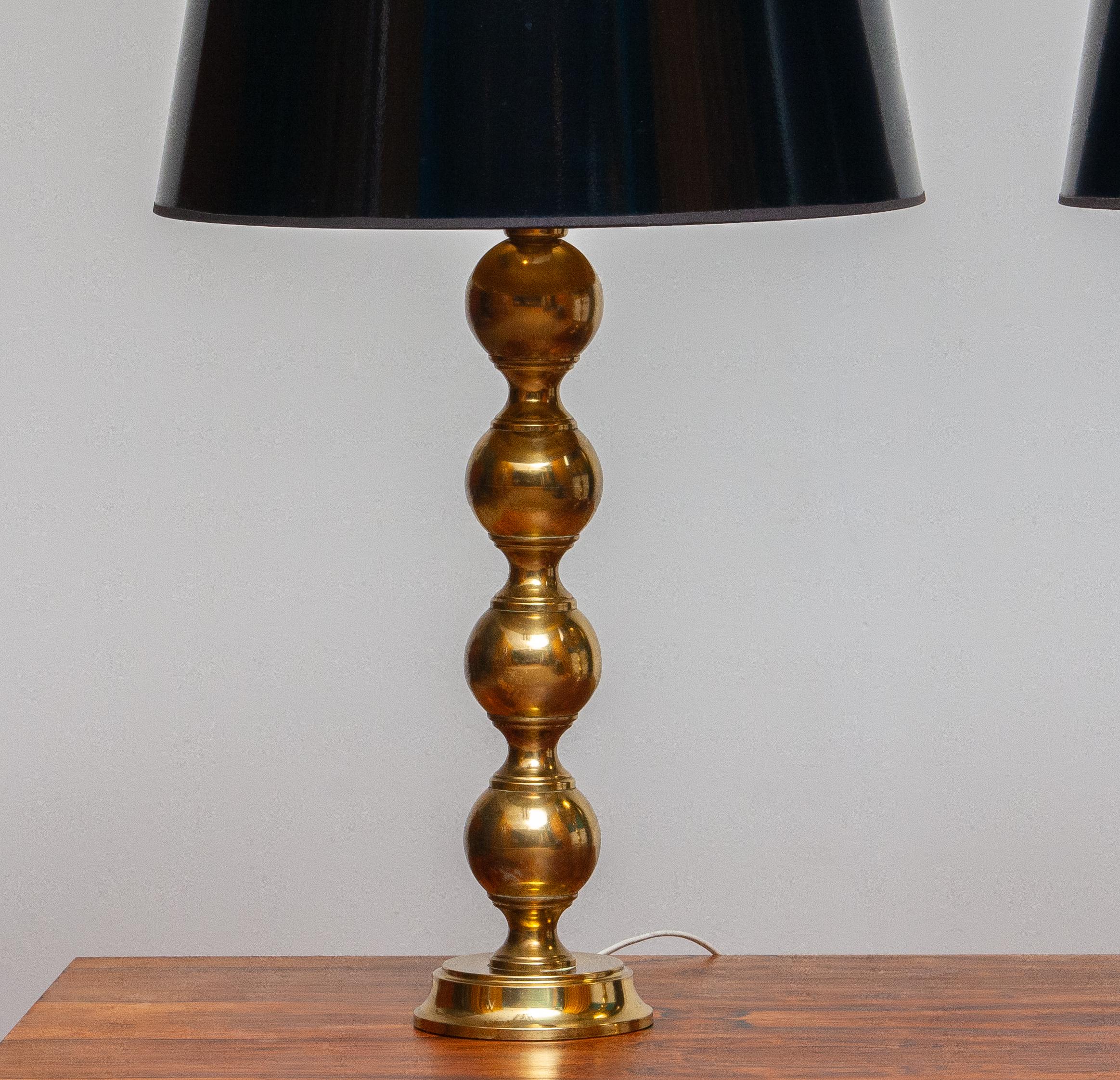1950s, Set Brass Spherical Extra Large Swedish Table Lamps with Black Shades 4