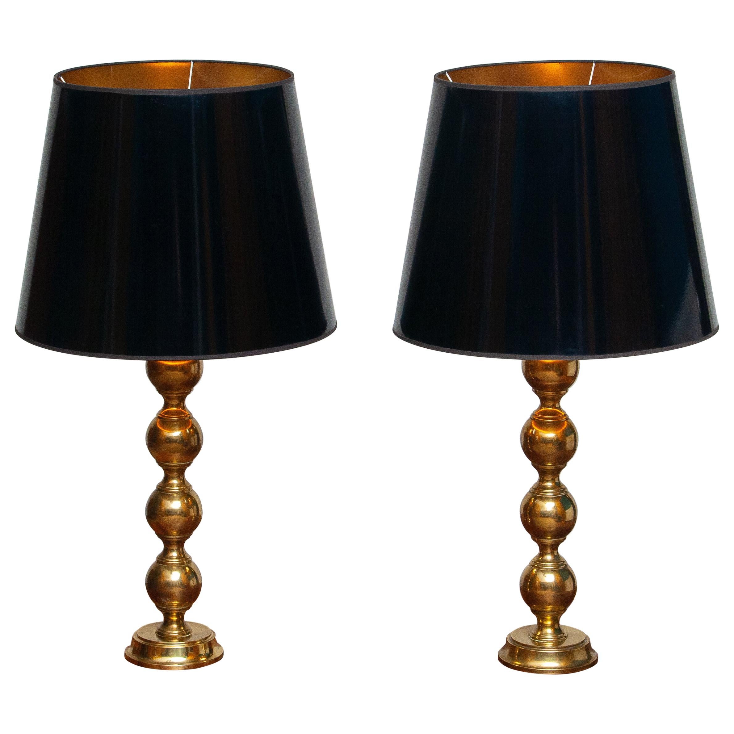 1950s, Set Brass Spherical Extra Large Swedish Table Lamps with Black Shades