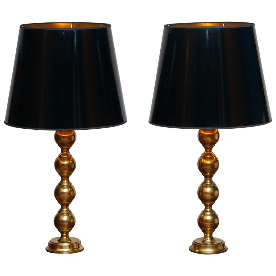 1950s, Set Brass Spherical Extra Large Swedish Table Lamps with Black Shades
