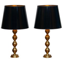 1950s, Set Brass Spherical Extra Large Swedish Table Lamps with Black Shades