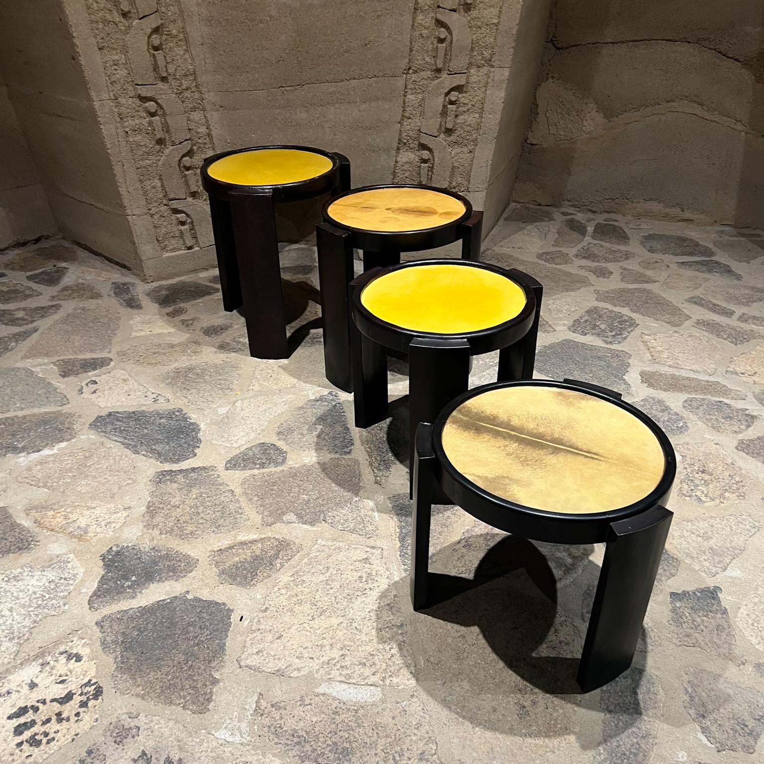 1950s four Goatskin leather nesting tables Eugenio Escudero Mexican Modernism
Round Nesting tables wood with patinated leather & goatskin.
Unmarked, attribution Eugenio Escudero Midcentury Mexico
Set of Four:
1. 20 H x 17.25 in diameter,
2.