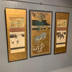 1950s Set of 3 Large Chinese Wall Hanging Framed Gilt Screen Paper Screens