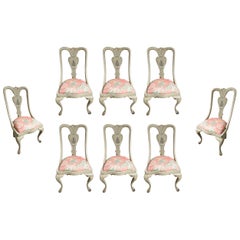 1950s Set of 8 vintage Chairs Carved in Cream with Pink Floral Upholstery