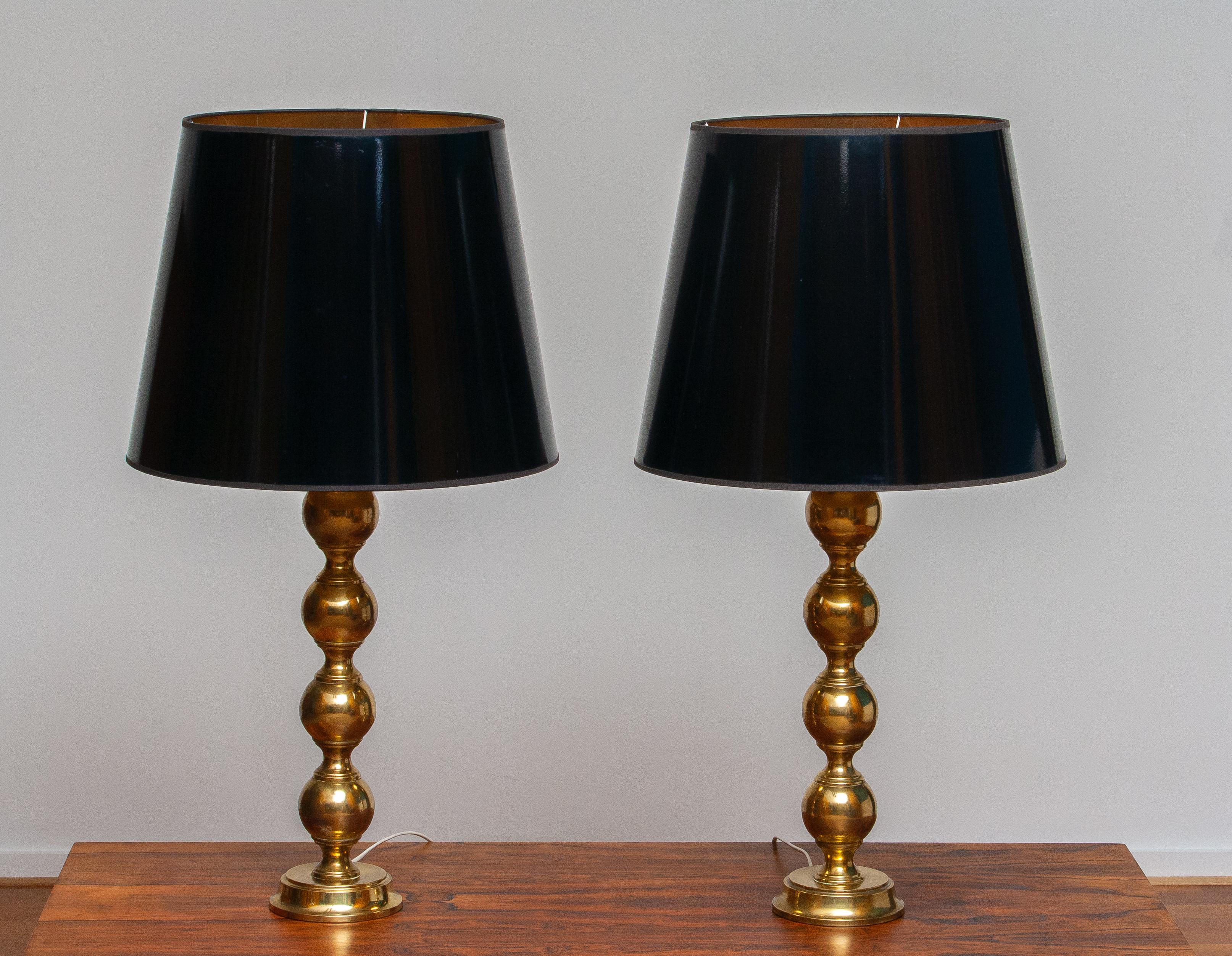 Hollywood Regency 1950s, Set of Brass Spherical Extra Large Swedish Table Lamps with Black Shades