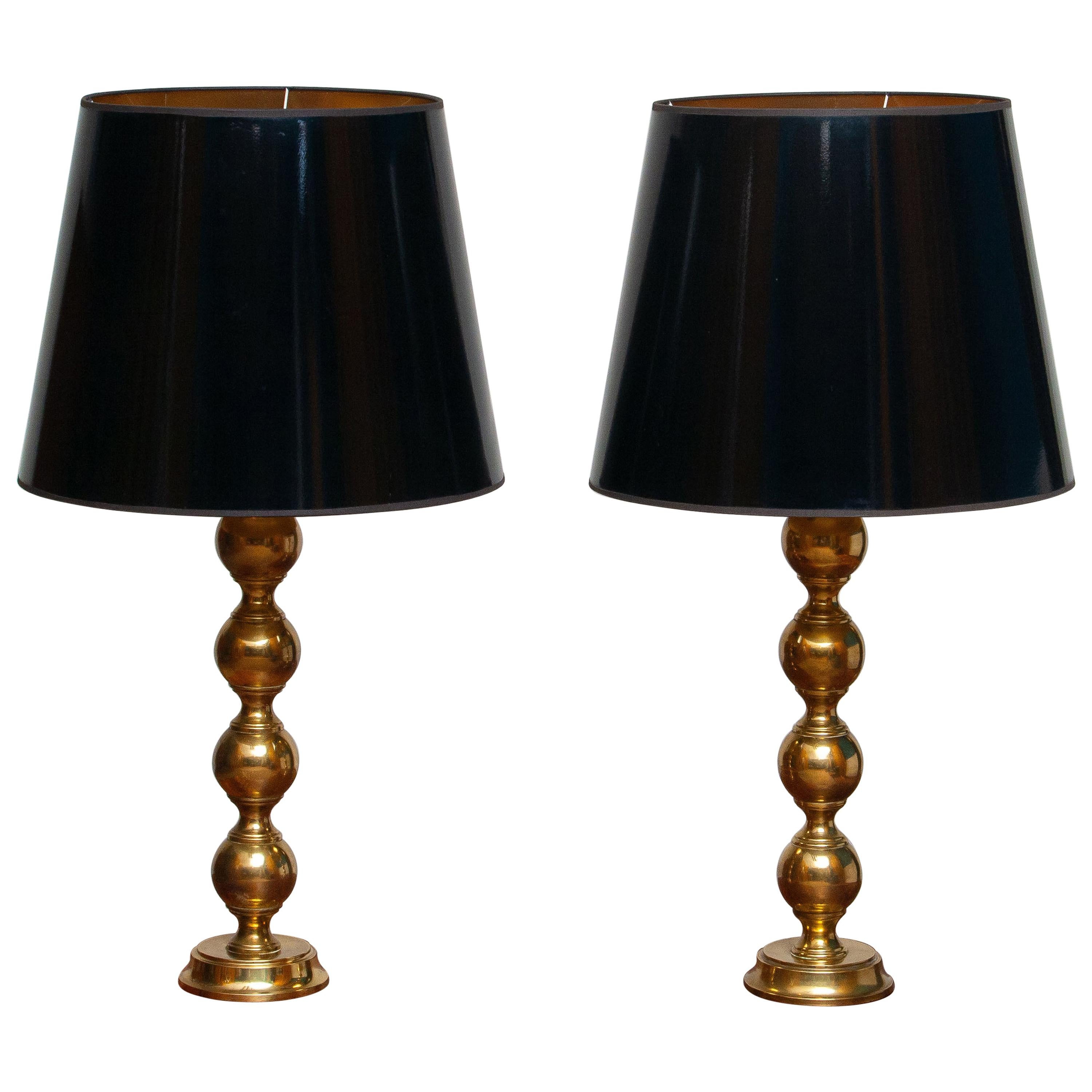 Hollywood Regency 1950s, Set of Brass Spherical Extra Large Swedish Table Lamps with Black Shades