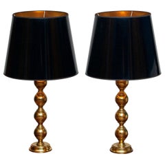 1950s, Set of Brass Spherical Extra Large Swedish Table Lamps with Black Shades