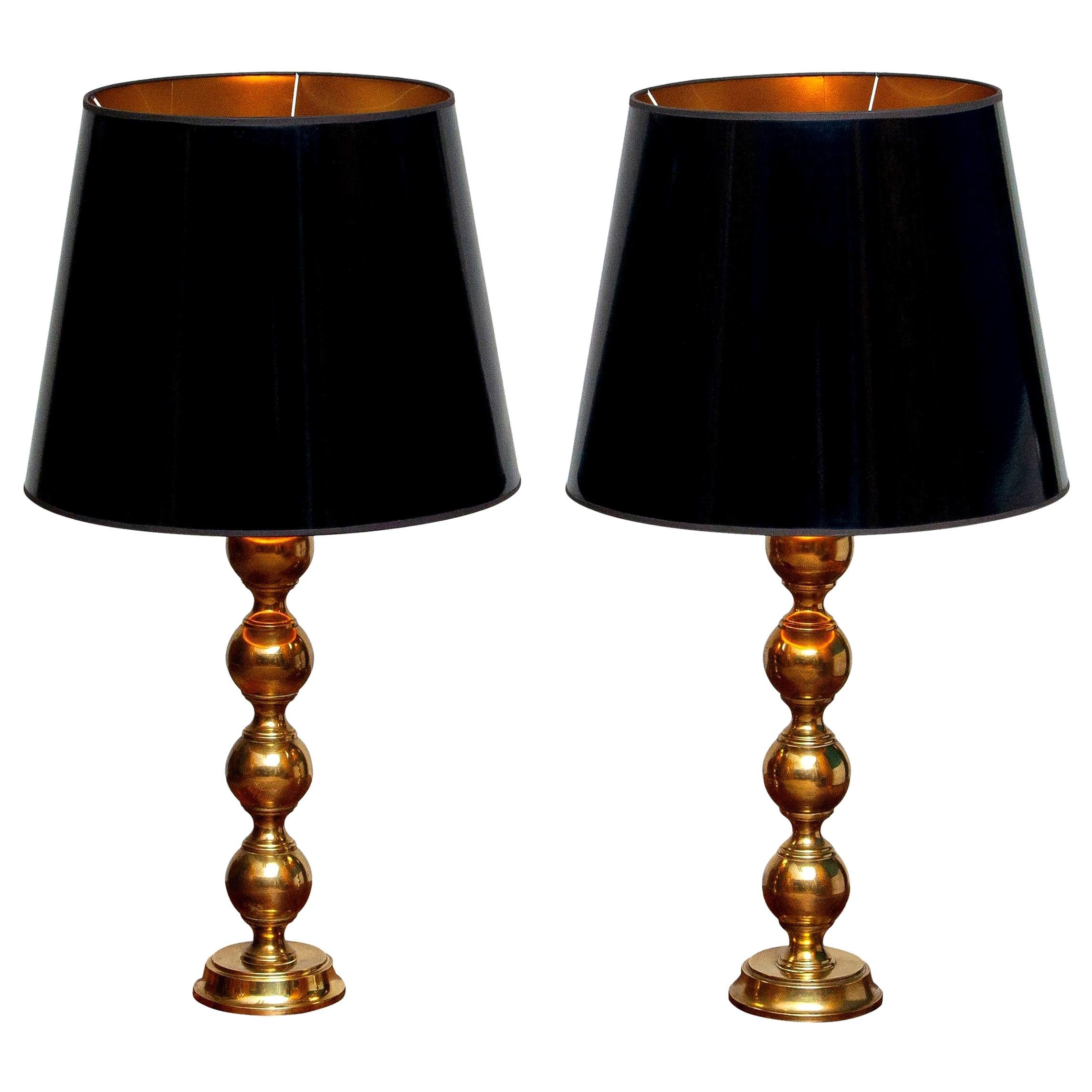 1950s, Set of Brass Spherical Extra Large Swedish Table Lamps with Black Shades