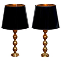 1950s, Set of Brass Spherical Extra Large Swedish Table Lamps with Black Shades