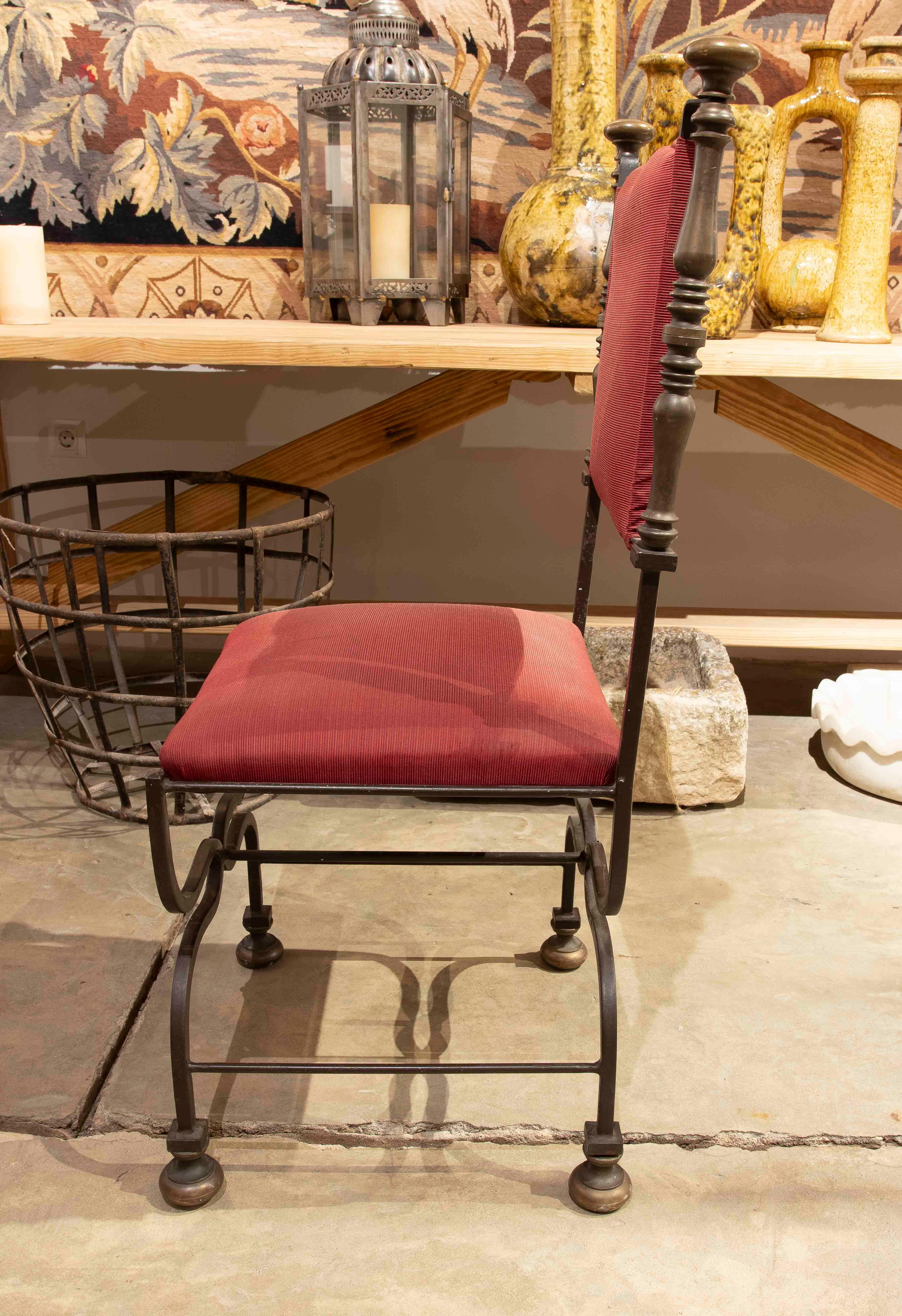 1950s Set of Eight Wrought Iron Chairs with Red Upholstery In Good Condition In Marbella, ES