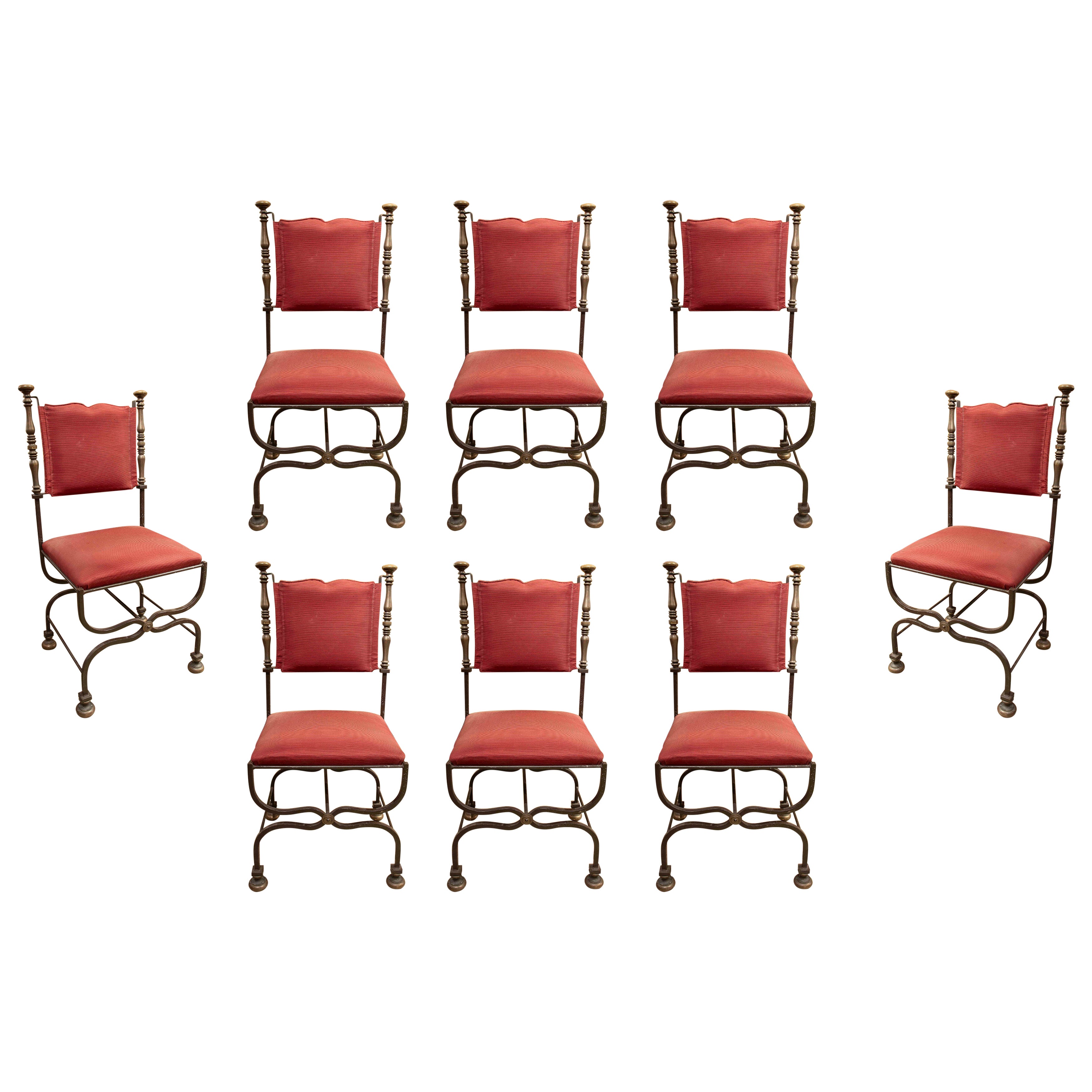 1950s Set of Eight Wrought Iron Chairs with Red Upholstery