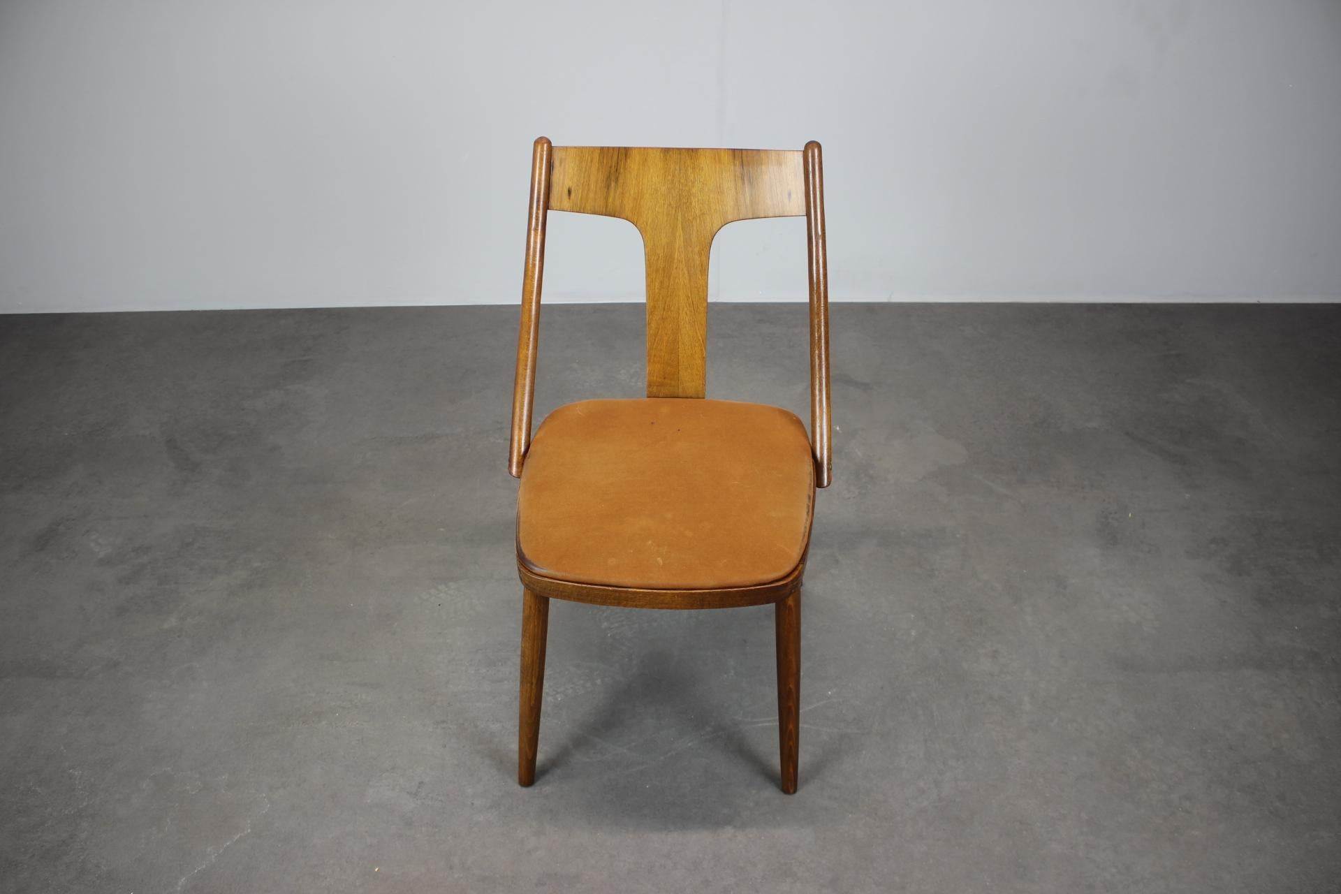 Tessuto Set di quattro sedie da pranzo in noce degli anni '50, Cecoslovacchia in vendita