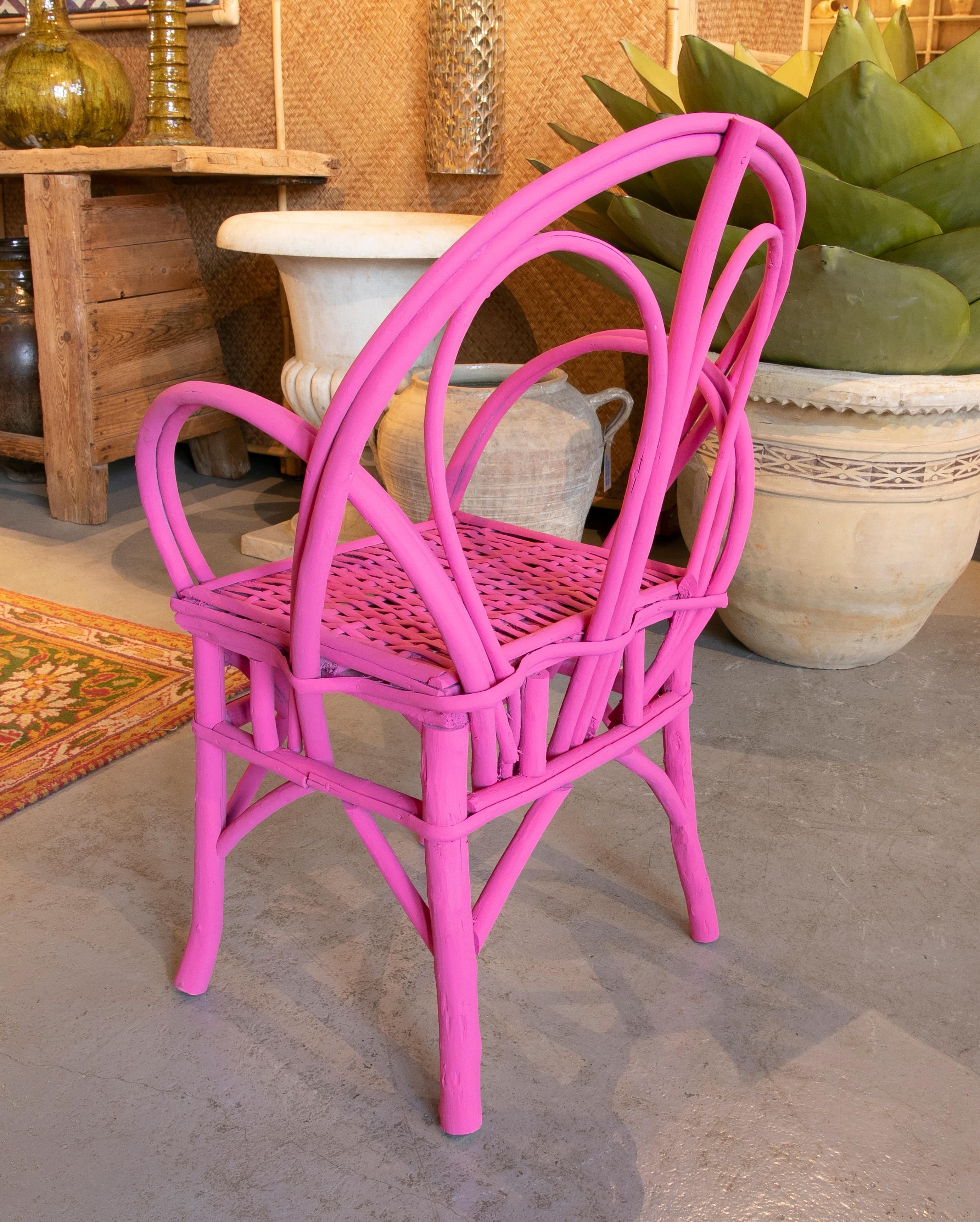 Spanish 1950s Set of Four Wooden Chairs Painted in Pink For Sale