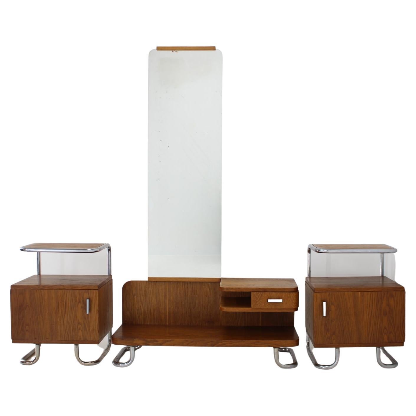 1950s Set of  Oak Bauhaus Mirror Cabinet and Bedside Tables, Czechoslovakia