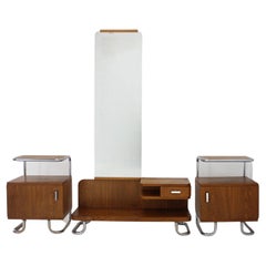 1950s Set of  Oak Bauhaus Mirror Cabinet and Bedside Tables, Czechoslovakia