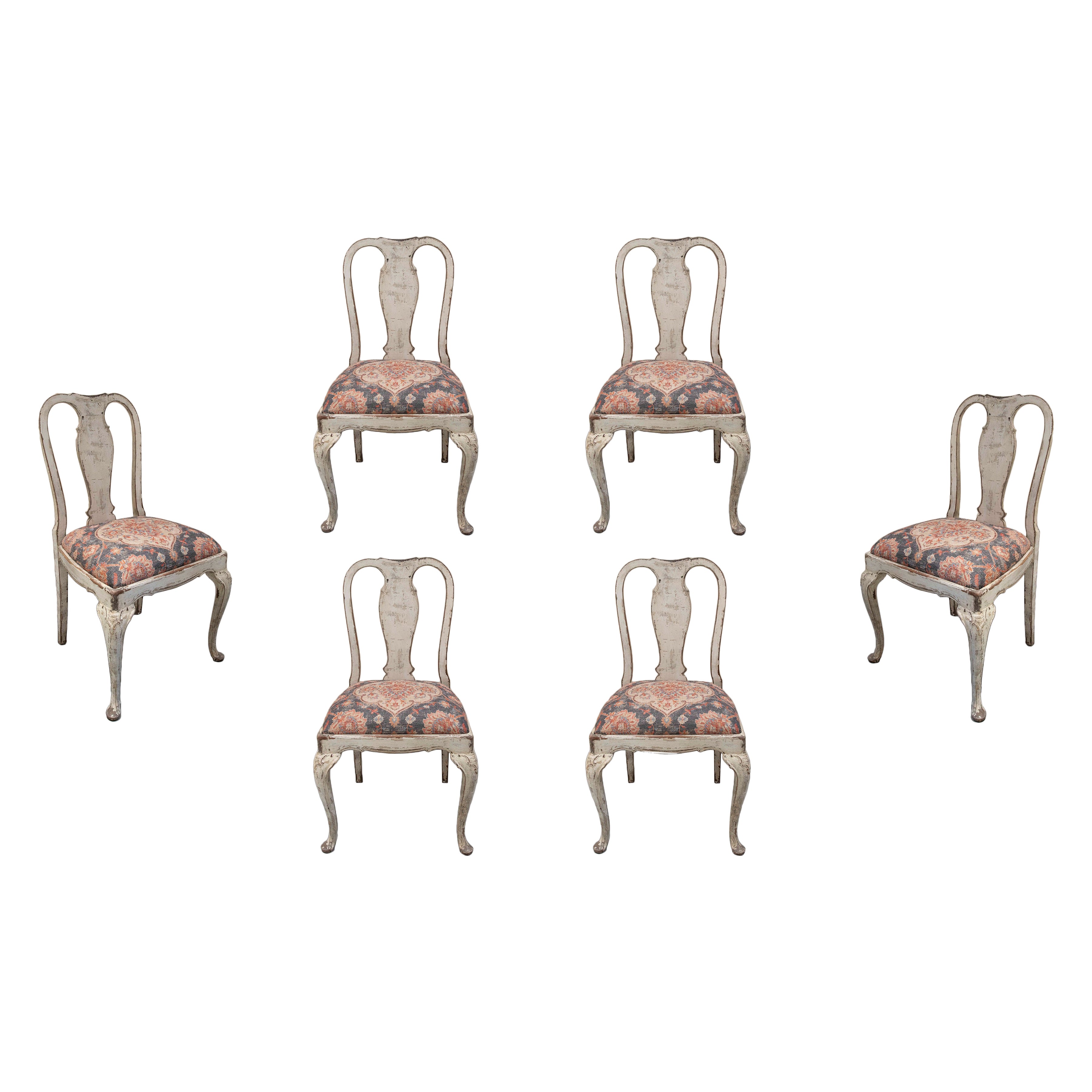 1950s Set of Six Antique Louis XV Style Chairs with Classic Upholstery