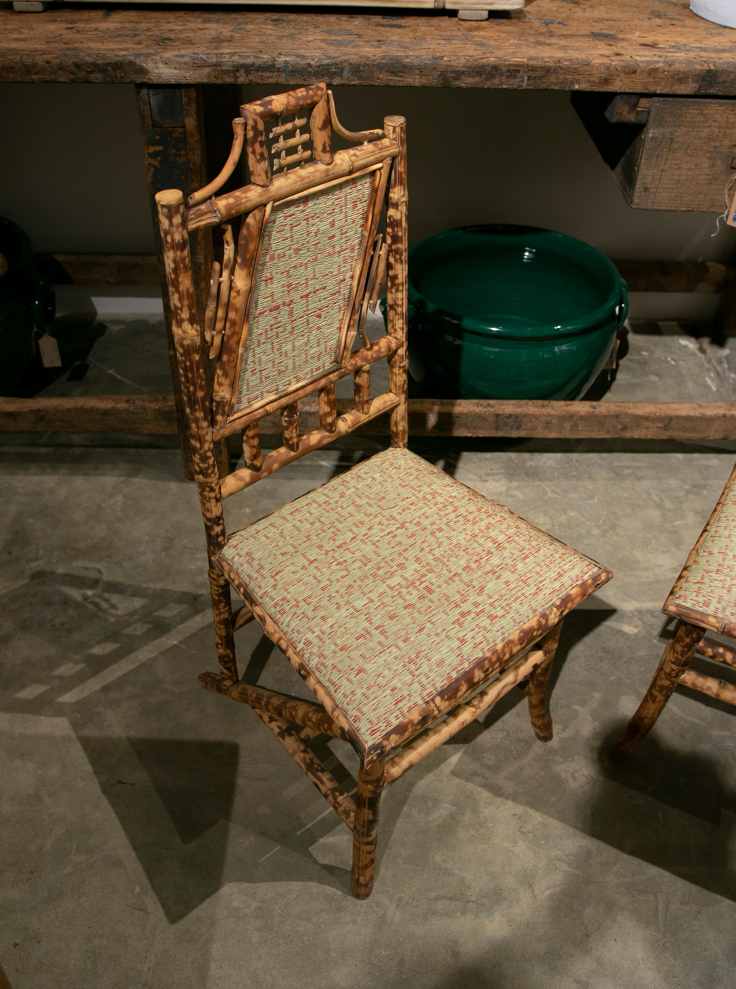 1950s Set of Six Bamboo Chairs with Natural Raffia Seat and Backrest For Sale 1