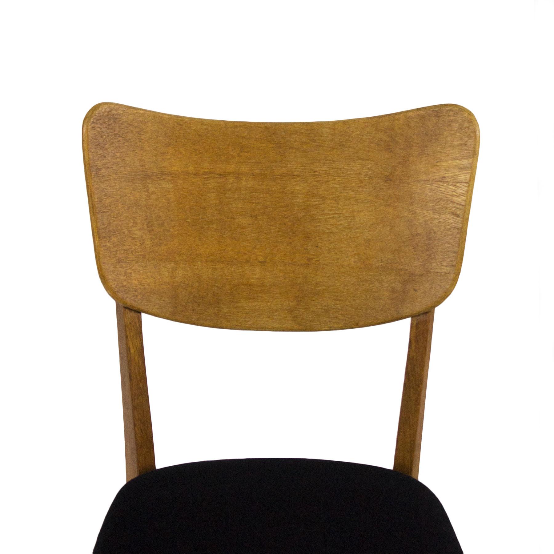 1950s Set of Six Chairs, Solid Oak and Oak Veneer, Black Wool, France 4