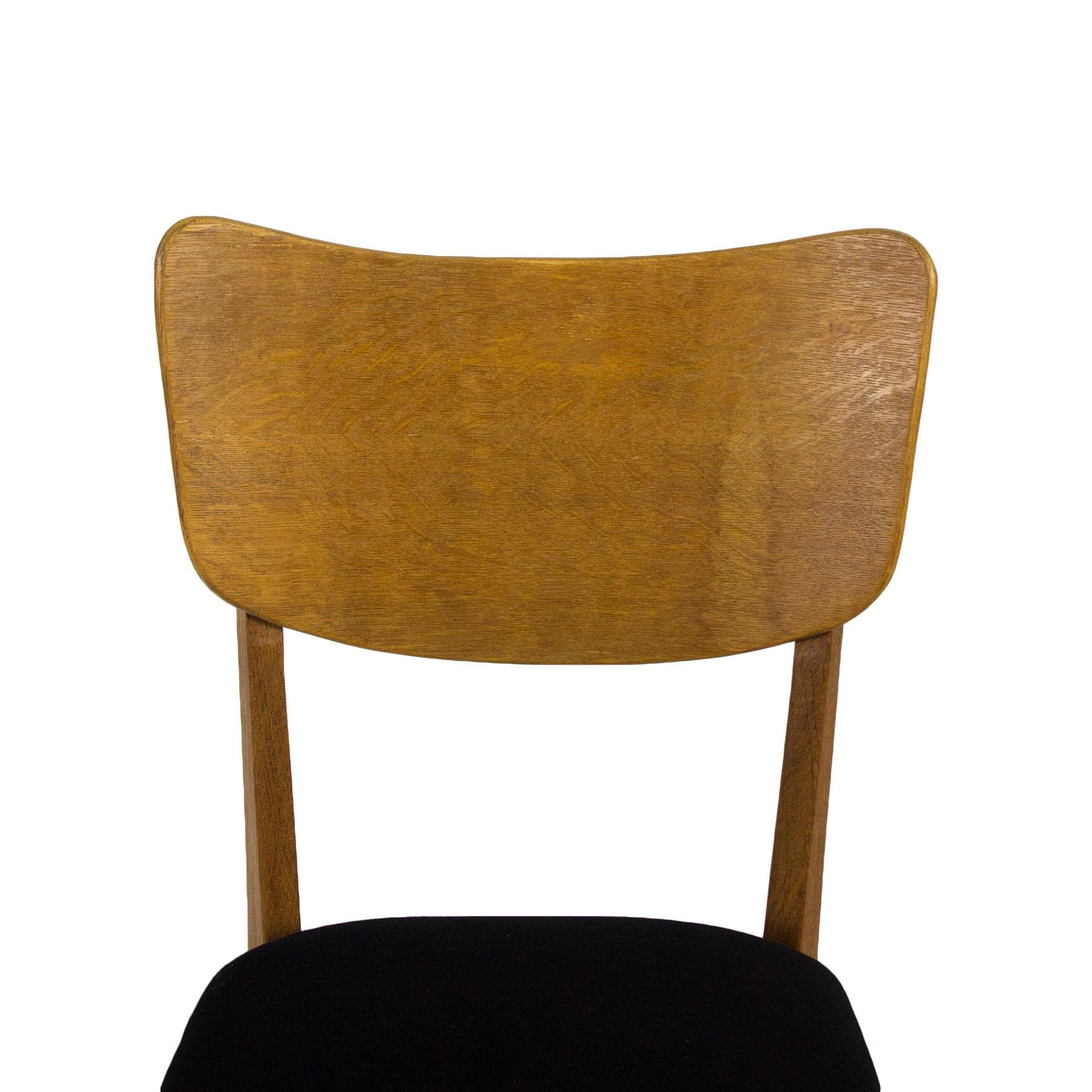 1950s Set of Six Chairs, Solid Oak and Oak Veneer, Black Wool, France 5