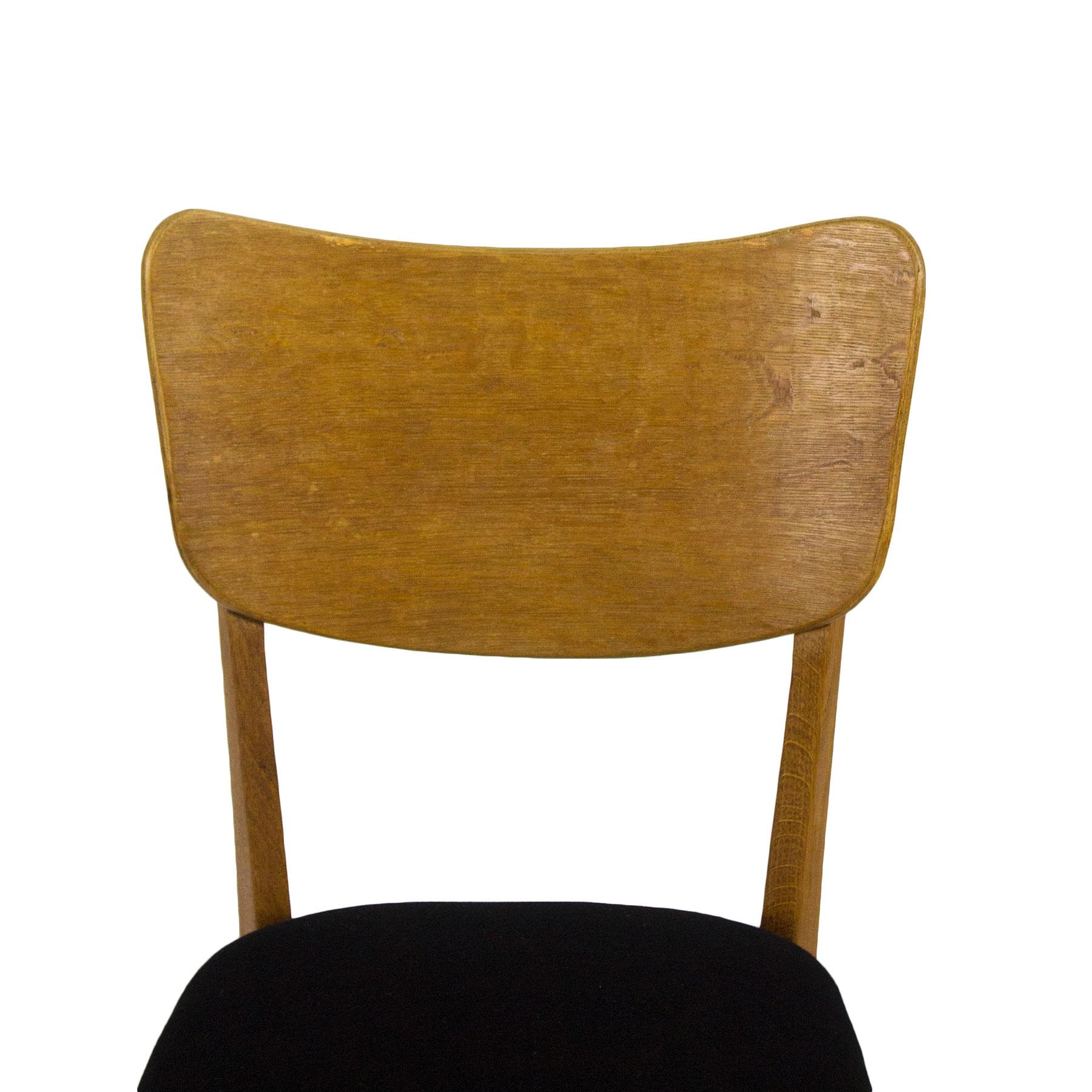 1950s Set of Six Chairs, Solid Oak and Oak Veneer, Black Wool, France 6