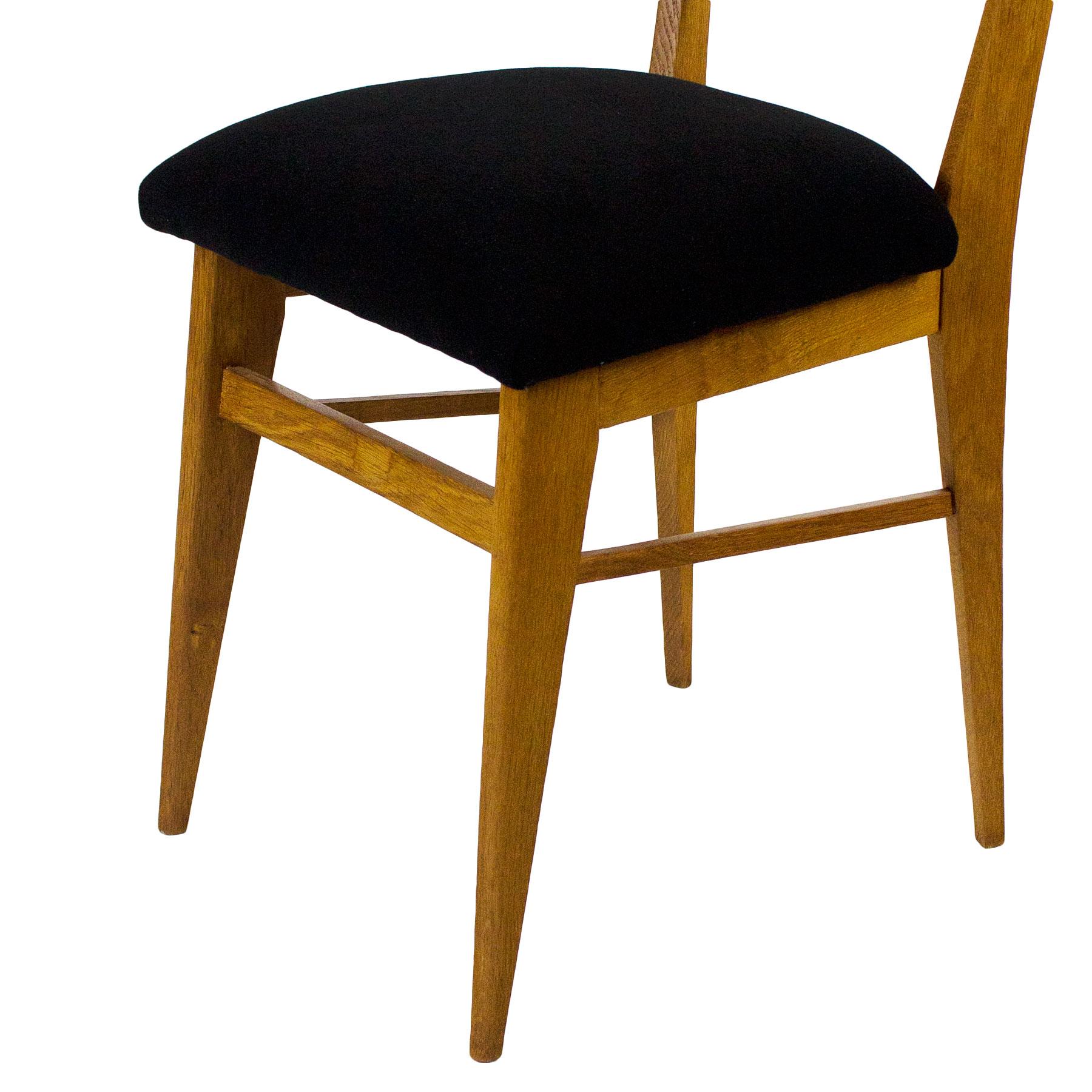 1950s Set of Six Chairs, Solid Oak and Oak Veneer, Black Wool, France 7