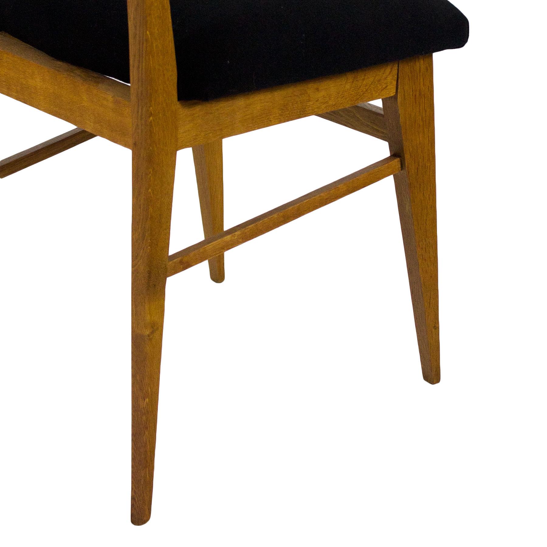 1950s Set of Six Chairs, Solid Oak and Oak Veneer, Black Wool, France 8