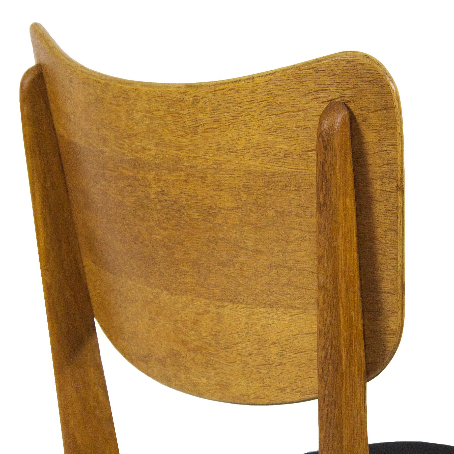 1950s Set of Six Chairs, Solid Oak and Oak Veneer, Black Wool, France 9