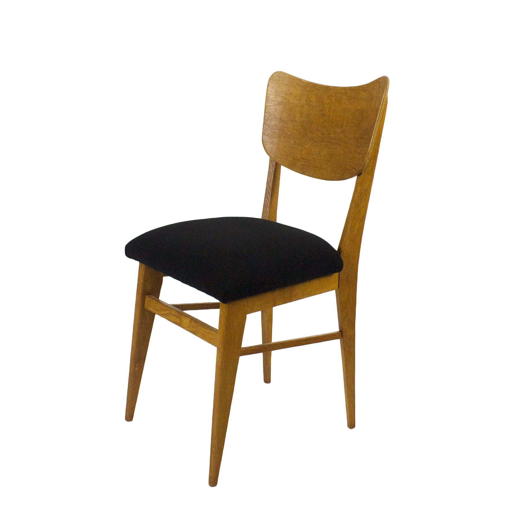 Mid-Century Modern 1950s Set of Six Chairs, Solid Oak and Oak Veneer, Black Wool, France