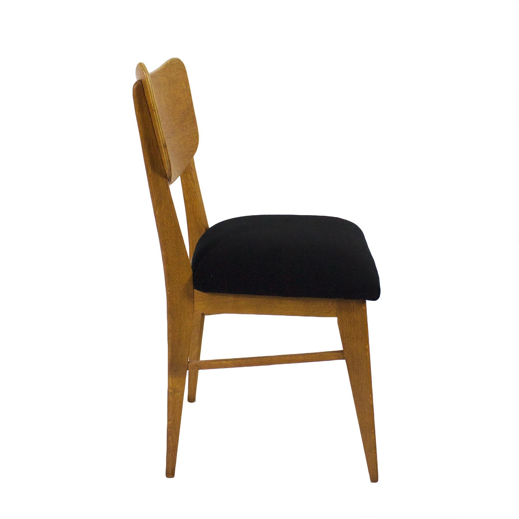 French 1950s Set of Six Chairs, Solid Oak and Oak Veneer, Black Wool, France