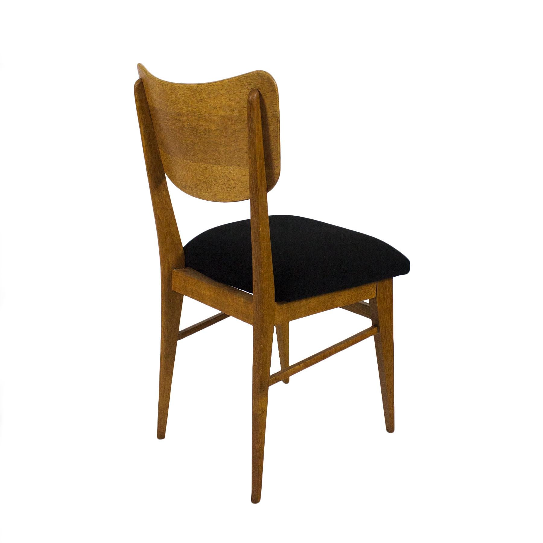 1950s Set of Six Chairs, Solid Oak and Oak Veneer, Black Wool, France In Good Condition In Girona, ES