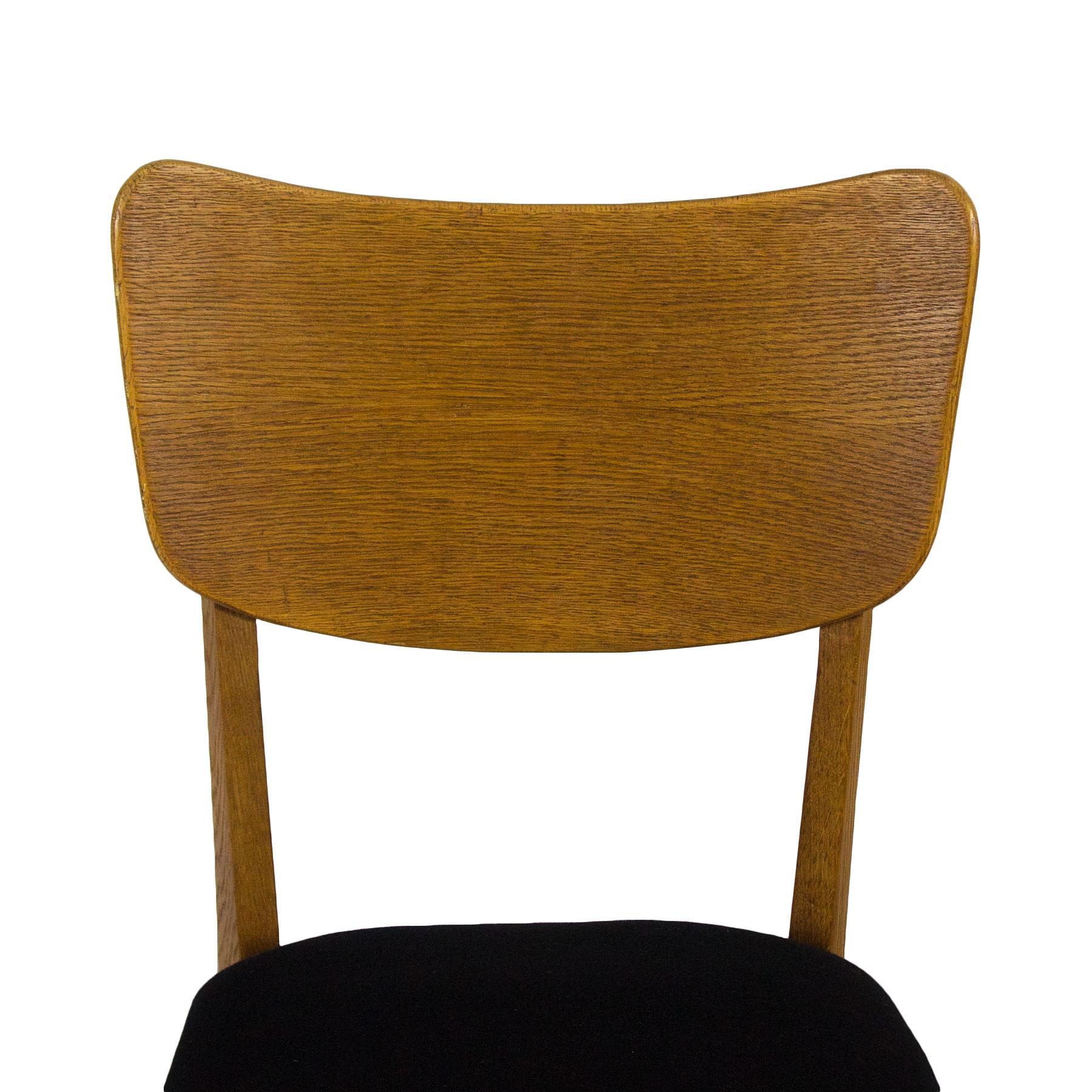 1950s Set of Six Chairs, Solid Oak and Oak Veneer, Black Wool, France 1